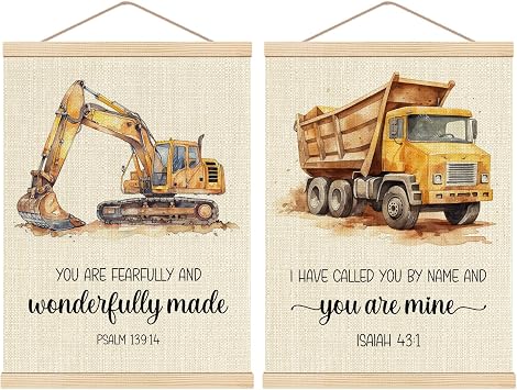 HKTZM Construction Decor for Boys Room, Construction Truck Christian Poster Hanger Frame 12.517 Inch, Bible Verse Scripture Hanging Wall Decor for Toddler Boy Room Playroom Nursery, Set of 2