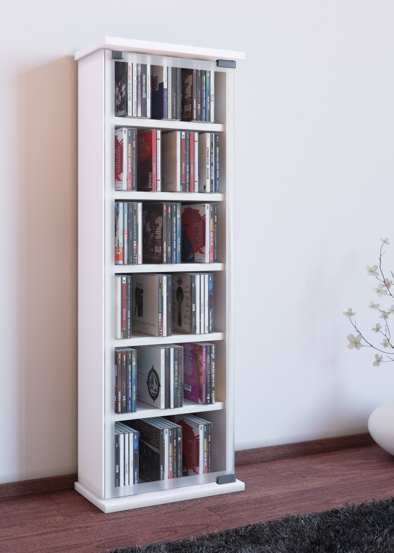 VCM CD Regal Holz | CD Schrank mit ESG-Sicherheitsglastüren für 204 CDs oder 72 DVDs | Maße: H. 92 x B. 31 x T. 18 cm | Blu ray Regal | CD Regal - Classic