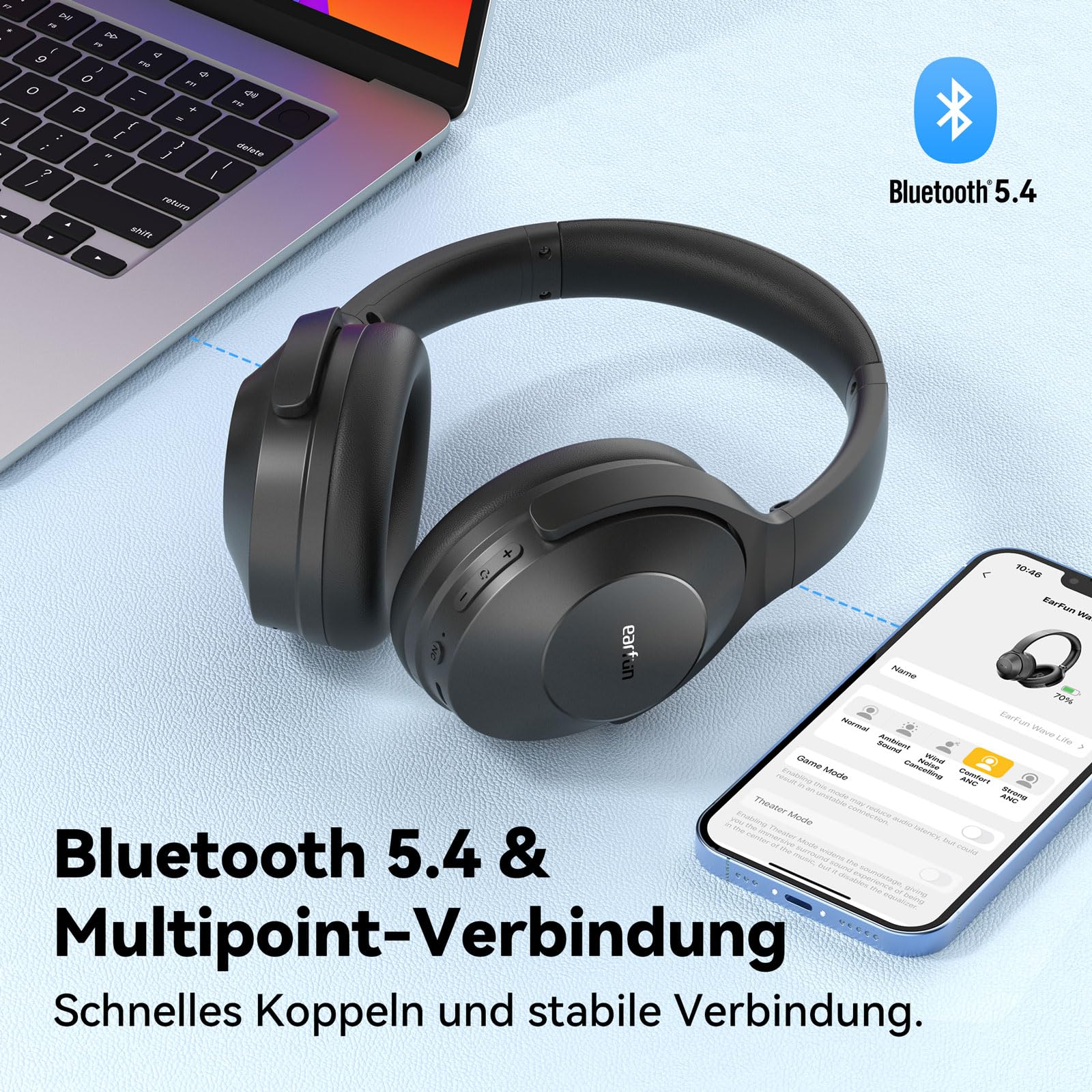 EarFun Wave Life Over Ear Noise Cancelling Bluetooth Kopfhörer Kabellos | Tiefer Bass, Hi-Res Klang, Hybrid ANC, 60 Std. Akku, 4 HD-Anrufmikrofone, Leicht, EQ in APP, Bluetooth Multipoint, EQ in App