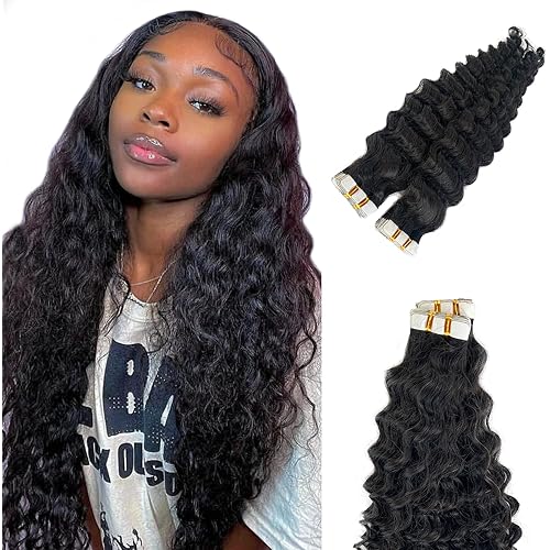 Deep Wave Tape in Hair Extensions Human Hair 16 Inch #1B Natural Black Tape in Extensions Human Hair 40 PCS 100G Seamless Double Sided Tape ins Curly Hair Extensions for Black Women