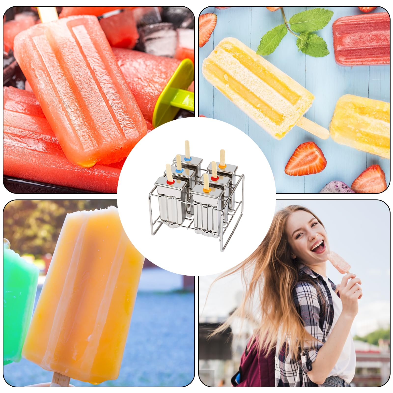 Lot de 6 moules à glace en acier inoxydable rainurés avec support (rond et plat) (style A)