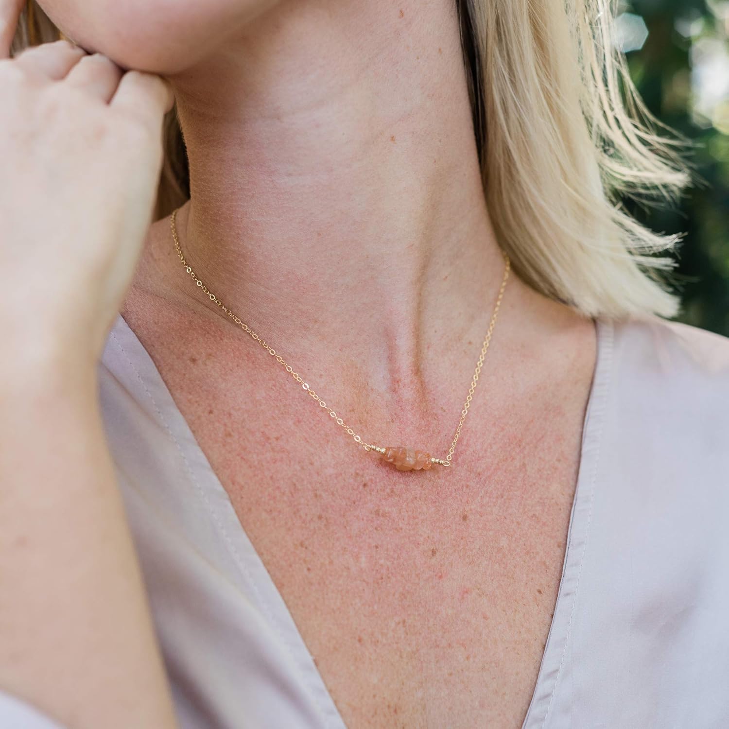 Luna Tide Sunstone Chip Bead Bar Necklace in 14k Gold Fill - Image 2
