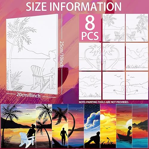 Miniatura 8 de Nuberlic Paquete de 8 lienzos predibujados de 8 x 10 pulgadas para pintar para adultos, kit de sorbo y pintura, suministros de fiesta, contorno de