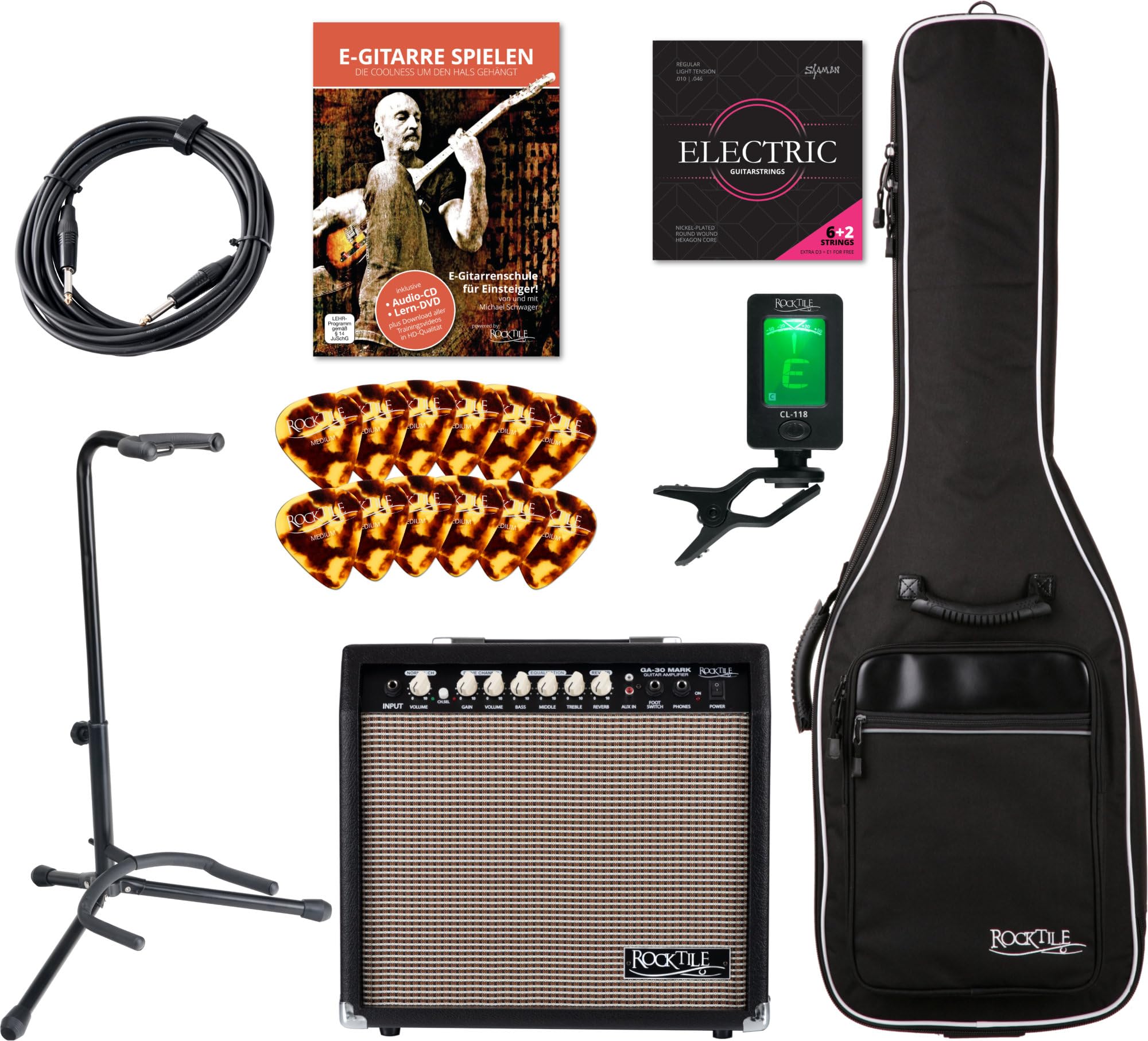 Rocktile Set Starter 8 Pezzi per Chitarra Elettrica, Amplificatore | Combo per chitarra da 30 watt, 2 canali (Clean/Drive), Selezione canale tramite pulsante (CH.SEL) o pedale opzionale, 35 mm
