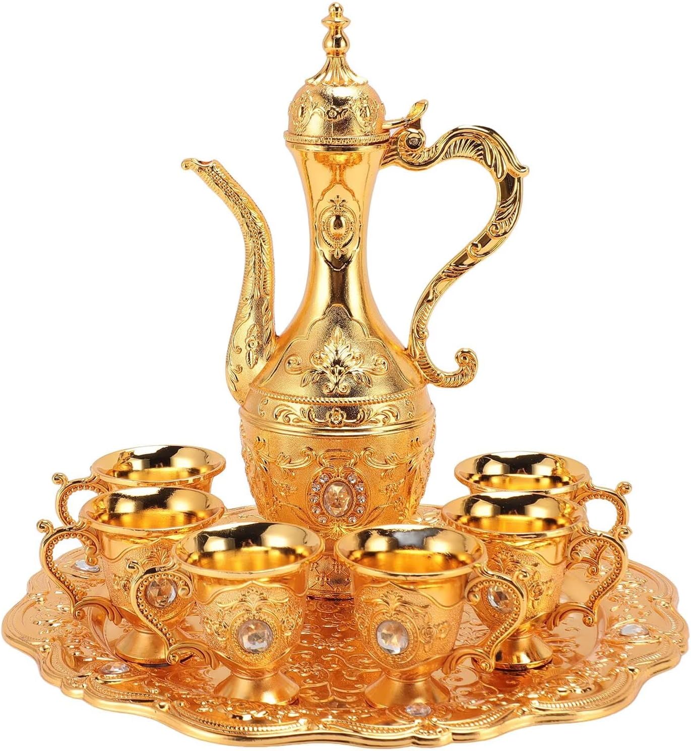 Vintage Turkish Coffee Pot Cups Set with Tray and 6 Cups Retro Tea Pot Cups Set Exquisite Wine Pot Set Decorative Vintage Tea Service Set for Home Party Decor Gold