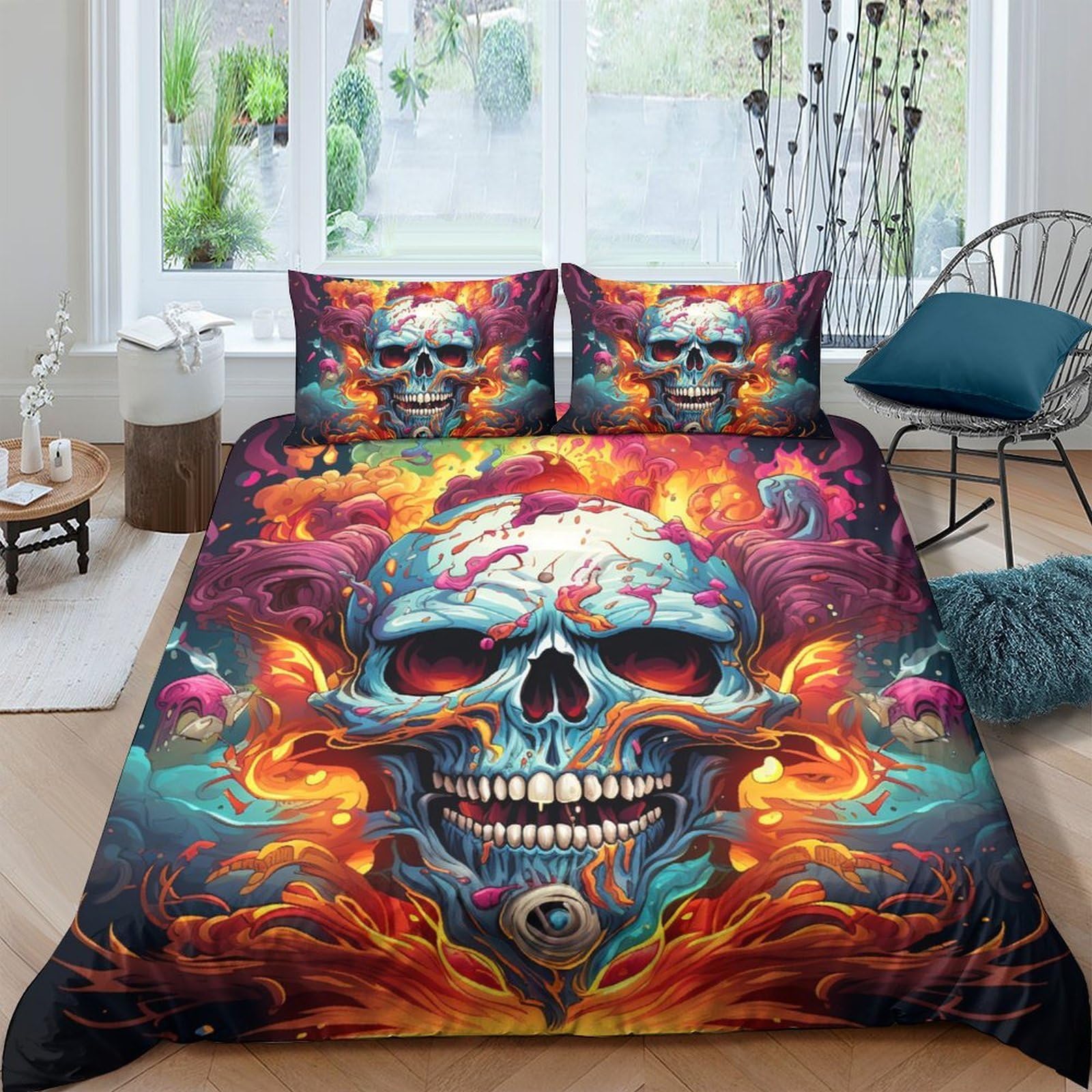 Ctjqhvkz Style-5 3D Printed Fiery Skull Fitted Sheet Microfiber Vibrant Flame Bed Cover For Bedroom Dorm Mattress Decor Single（135X200cm）