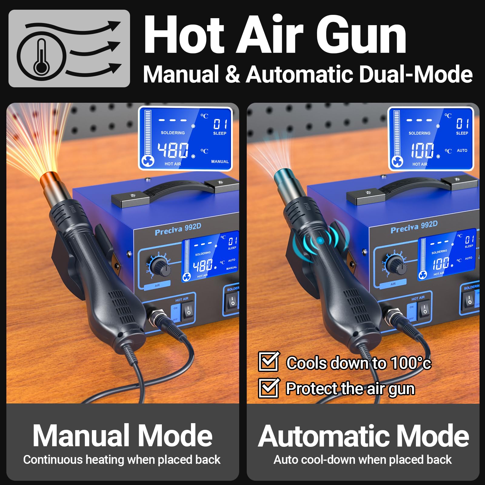 Preciva 992D Station de Soudage à Air Chaud, 690W Pistolet Air Chaud & 60W Fer a Souder, Contrôle de Température PID, Grand Écran LCD, Mode Veille Automatique, pour Réparation SMD, QFP, BGA