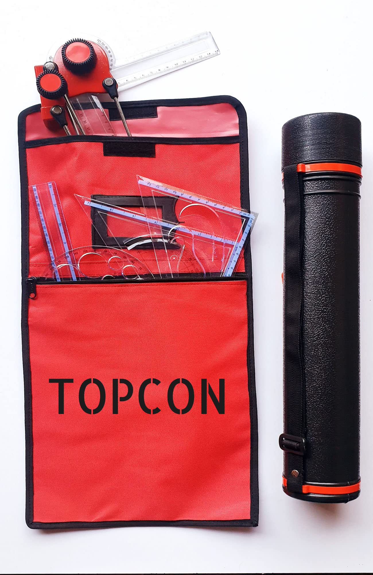 Topcon Engineering Combo (Red Mini Drafter, Sheet Container, Set Squares, Pro Circle, Ruler, 4 Drawing Board Clips) with Matte Kit Bag - RED