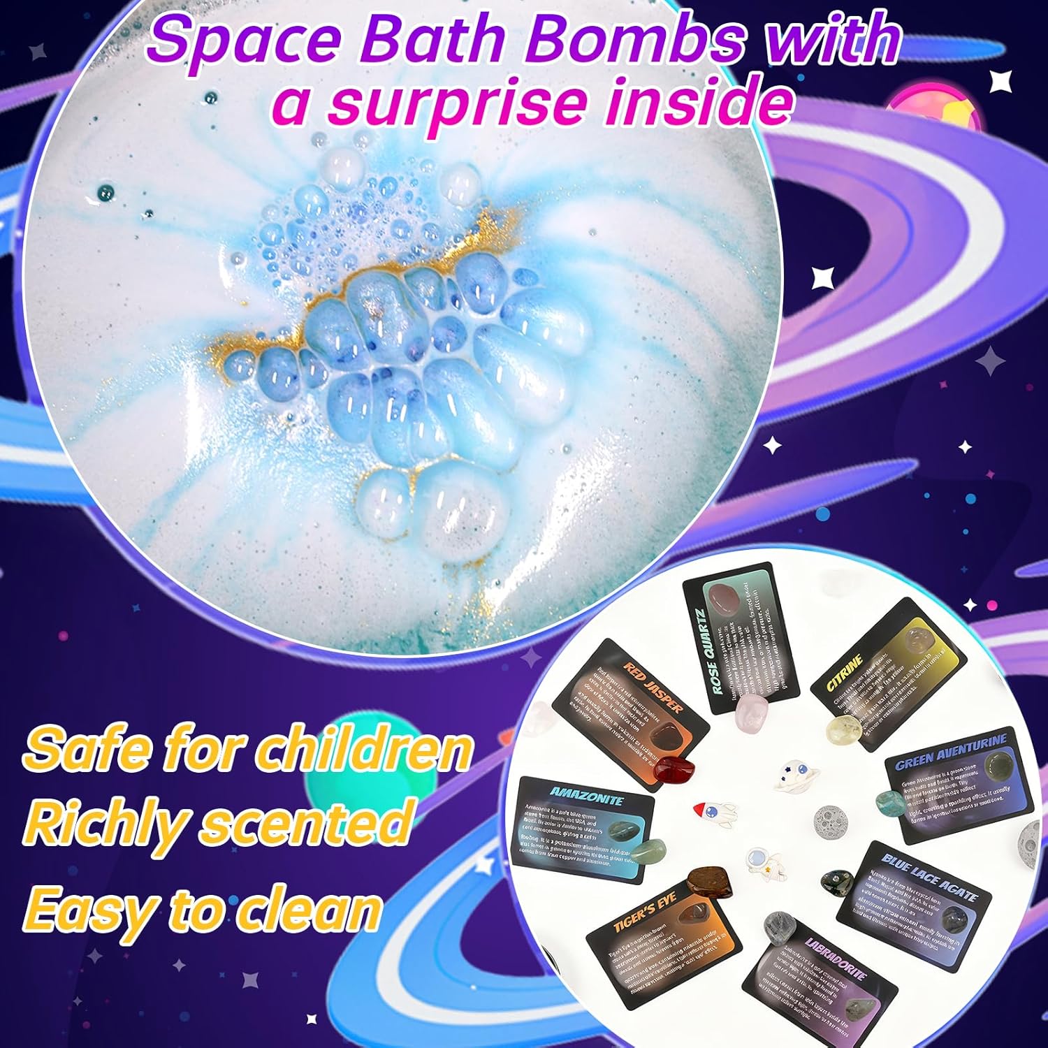 Galaxy Bath Bombs for Kids with Surprise Inside, 12pcs Planet Bath Bombs with Space Gemstones, Organic Essential Oil Bubble Bath for Kids Boys Girls Christmas Birthday Gift - Image 2