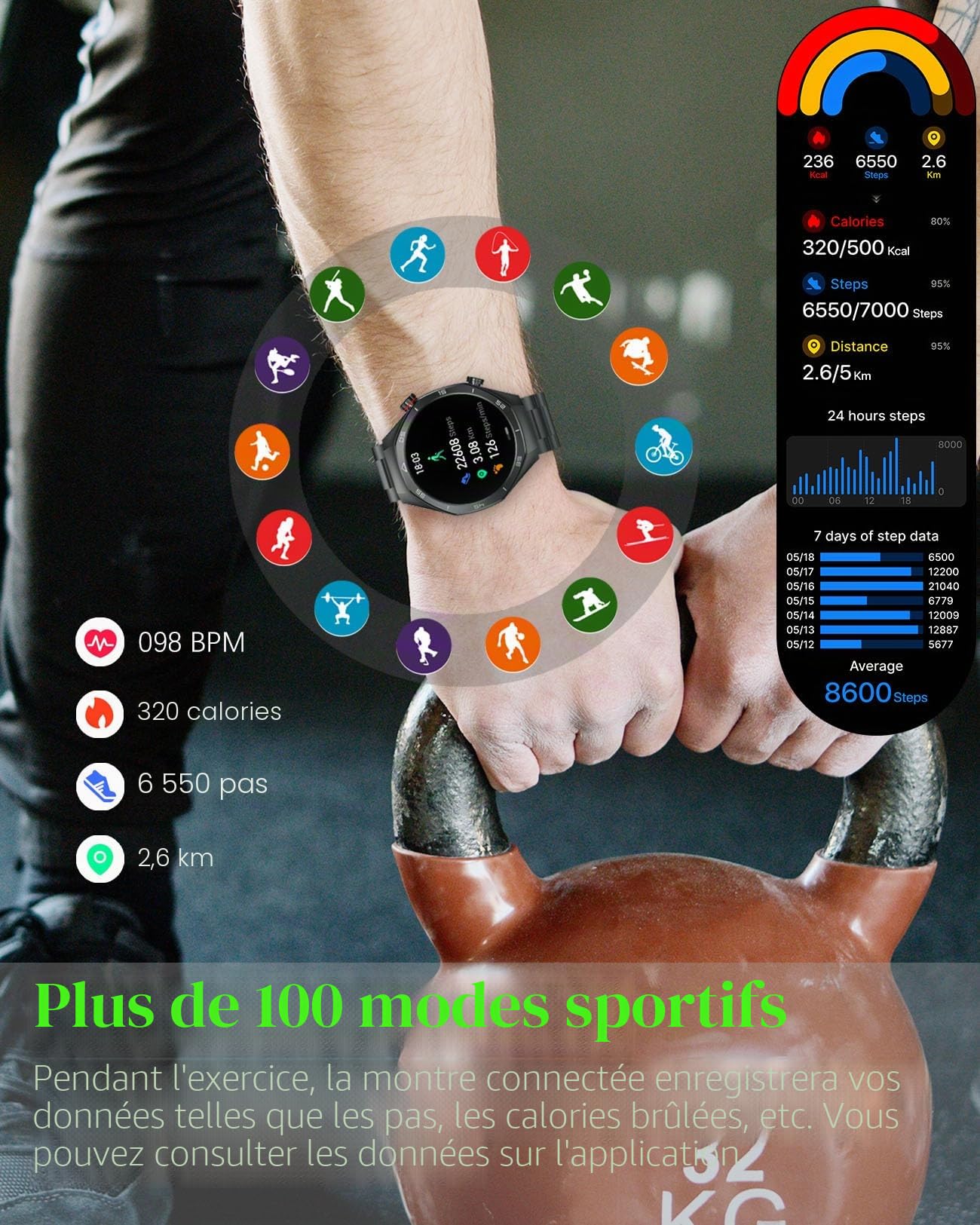 Montre intelligente homme Traqueur fitness Bluetooth Étanche IP67 Écran tactile HD 1,54" Fréquence cardiaque/pression artérielle