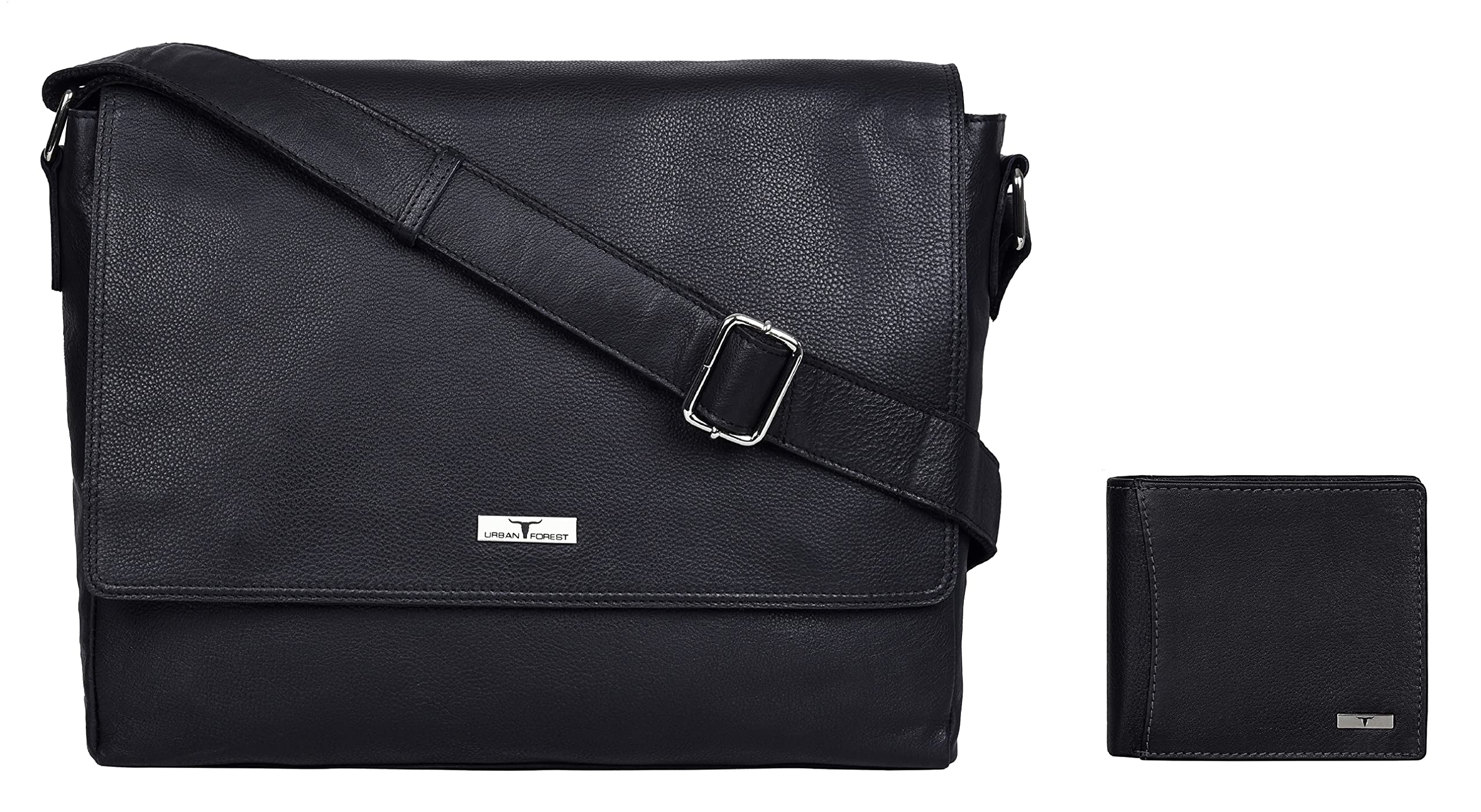 URBAN FOREST Black Leather Messenger Bag & Black Leather Wallet for Men