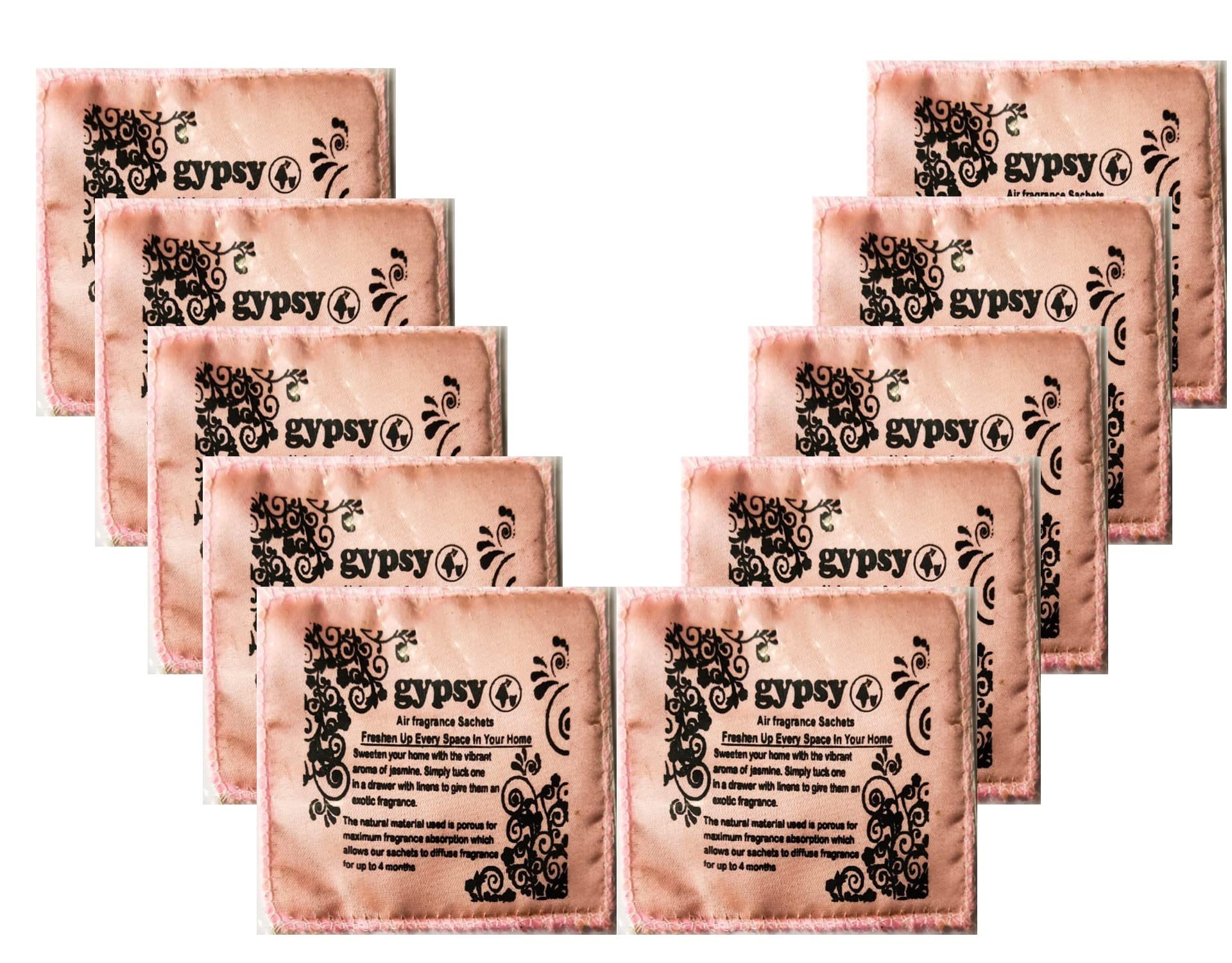 Gypsy Jasmine Fragrance Sachets - 10 Packs -10gm Each | Air Freshener for Wardrobe, Cupboards, Closet, Drawers, Cars, Purses, Handbags, Clothes, Saree, Laundry & Dress | Lasts 45 Days.