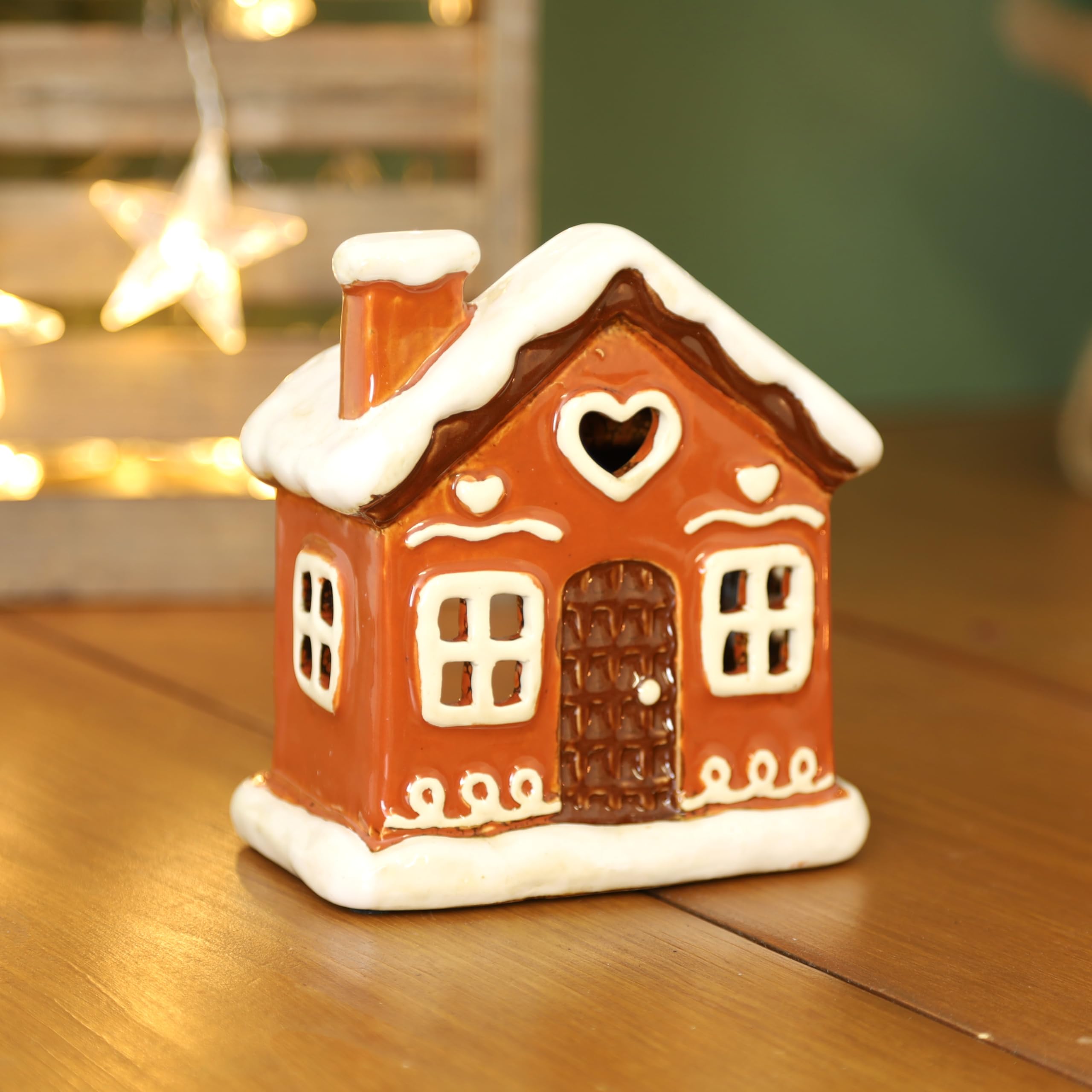 Fyne-Finds Brown Ceramic Cottage Tealight Holder Wax Melt Oil Burner Pottery Village Scene Gingerbread Christmas Xmas Festive