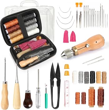 Yivioep 45 Pcs Leather Sewing Kit with Wooden Handle Awl and Threads | Speedy stitcher tools, needles, scissors and storage case for repairing shoes, bags, camping gear and upholstery