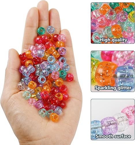 Miniatura 5 de 1200 cuentas de poni de plástico transparente con purpurina de 0.236 x 0.394 pulgadas, cuentas transparentes con purpurina brillante, 10 colores