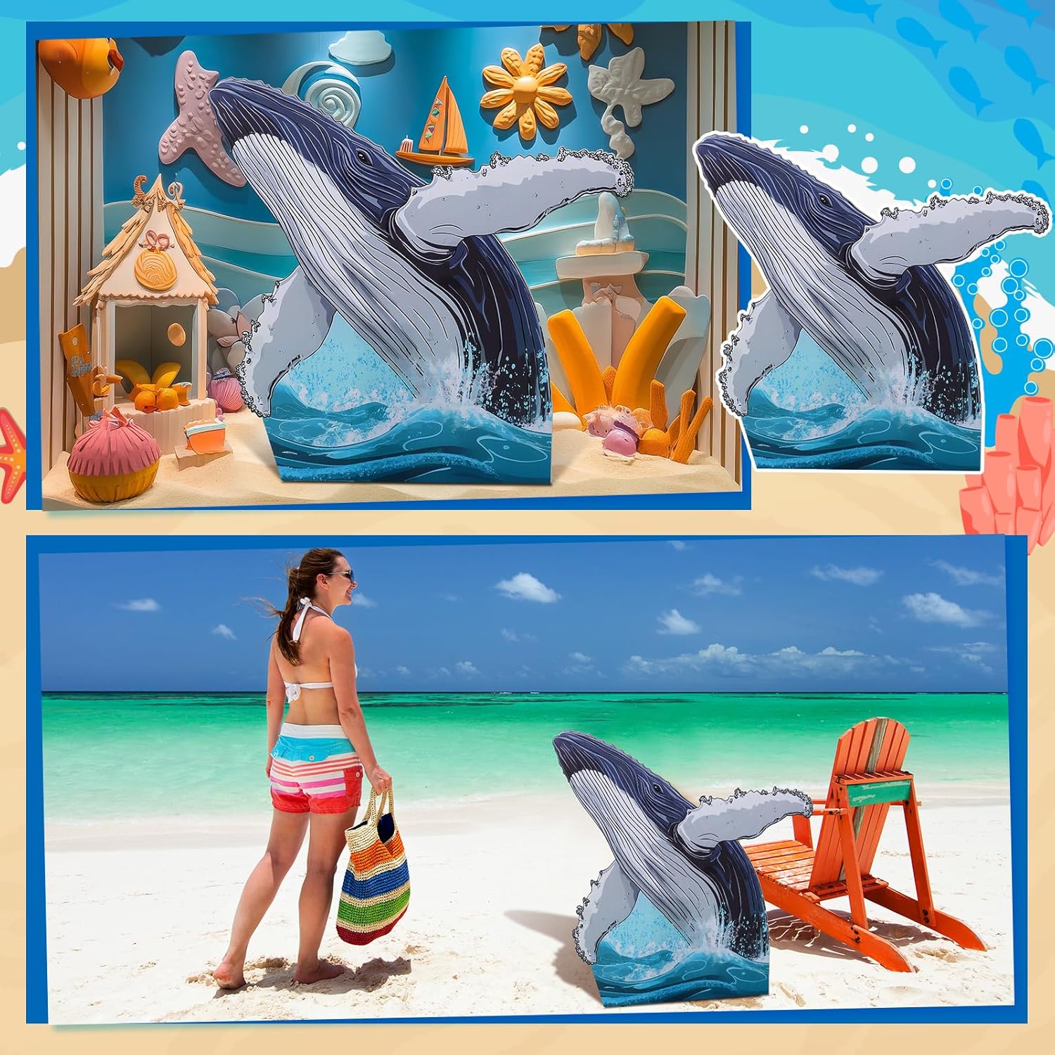 3.3 ft Large North Vbs Whale Cardboard Cutout Stand up Religious Jonah & The Whale Photo Prop Stand up 3D Ocean Theme Party Decoration Standup Cutout for Ocean Decor Vbs Sunday School Supplies
