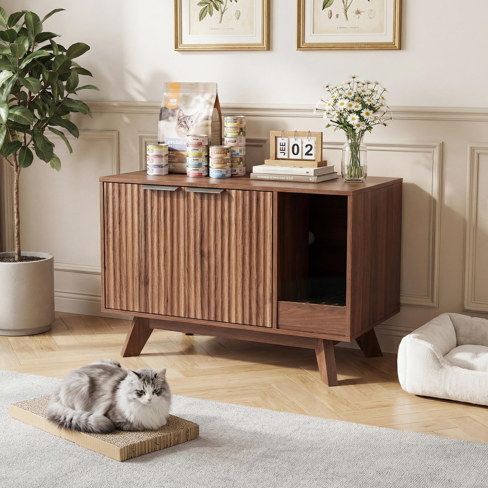 Cat Litter Box Enclosure with Litter Collector,Fluted Hidden Litter Box Furniture with Scratch Pad,31" Wooden Cat Cabinet,Cat House,TV Stand,Side Table for Living Room,Walnut