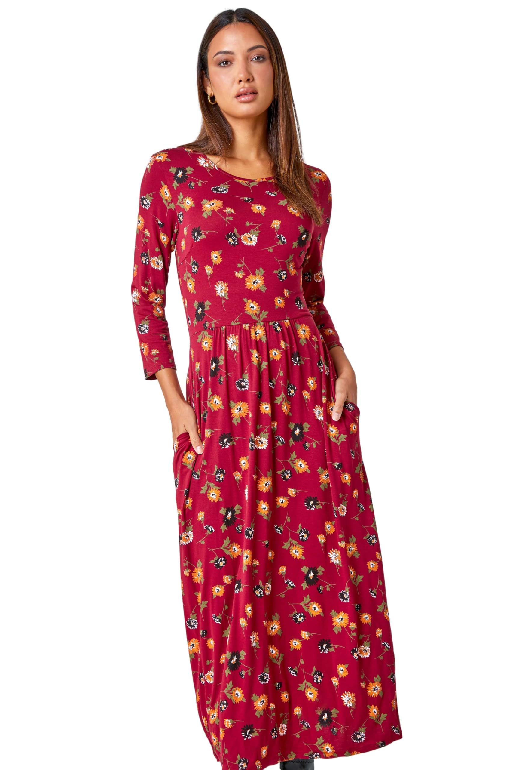 Roman Originals Women's Rust Midi Dress With Pockets For Uk Stretchy Jersey Maxi Long 3/4 Length Sleeve Gathered High Waist Boho Flattering Skater Swing Fit Flare - Size 12