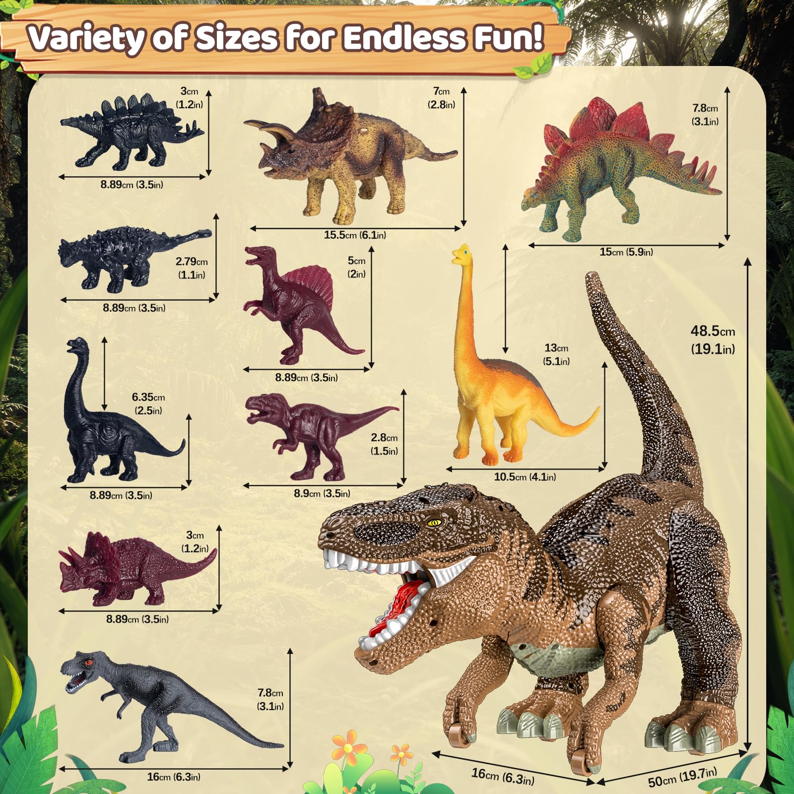 Juguetes De Dinosaurios para Niños De 3 A 8 Años, Gran T-Rex con Almacenamiento Oculto, Set Completo con Figuras, Niebla Realista, Luces Y Sonidos, Movimiento Deslizante, Marrón