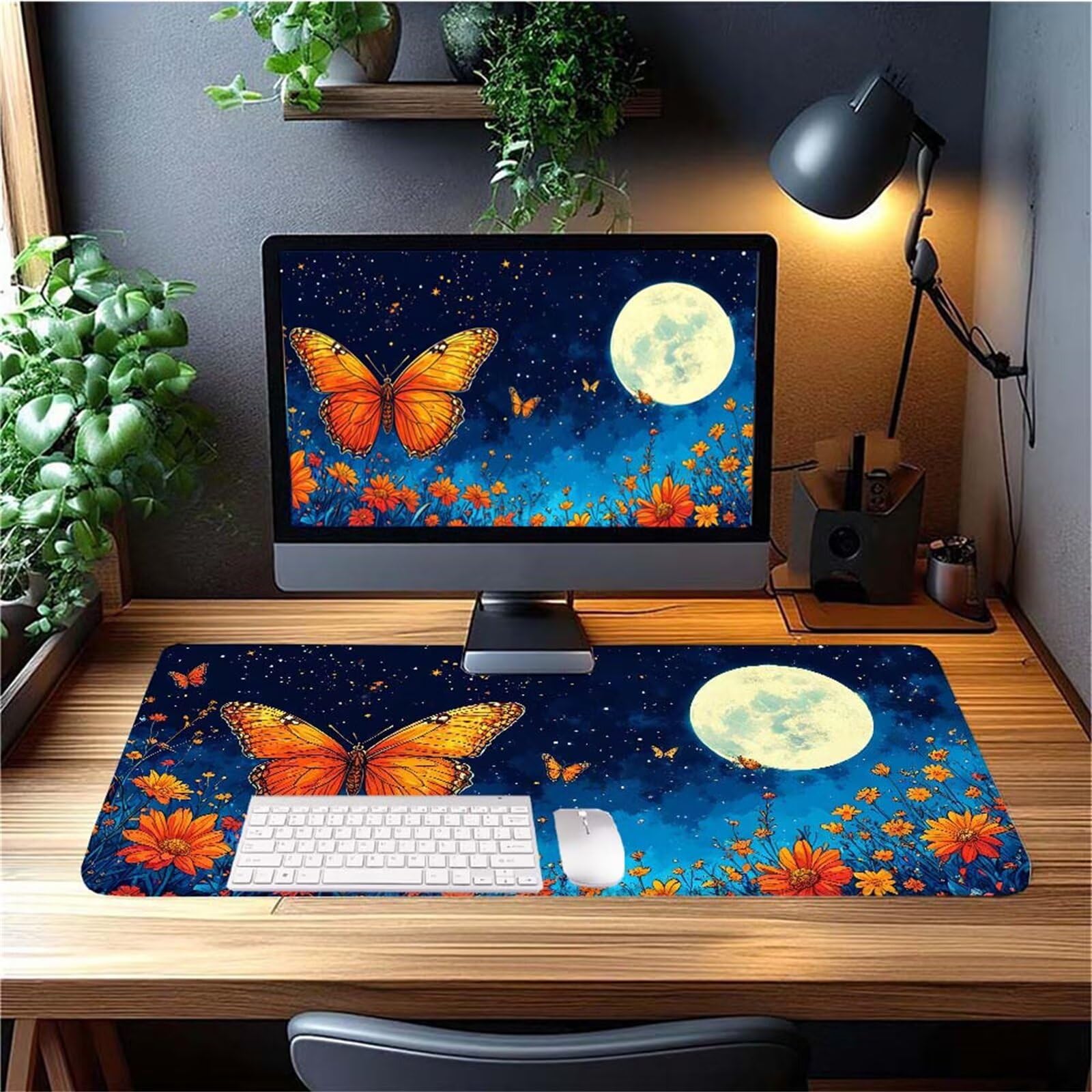 Alfombrilla Ratón Mariposa Luna Alfombrilla Ratón XXL 1400x600x3mm Mouse Pad Resiste Salpicaduras, Extendida de Gran Tamaño con Bordes Cosidos, Mejora la Precisión y la Velocidad, Antideslizante y-239