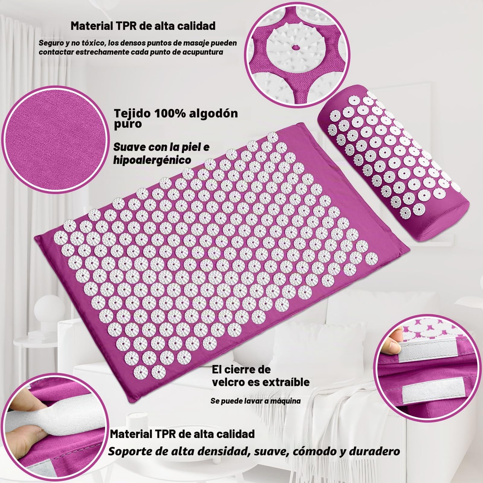 Cojín de Acupresión con Almohada, Almohadilla de Acupresión Mat de Masaje de Acupresión para Alivio del Dolor, Relajación Muscular, Meditación, Estimulación(Púrpura)
