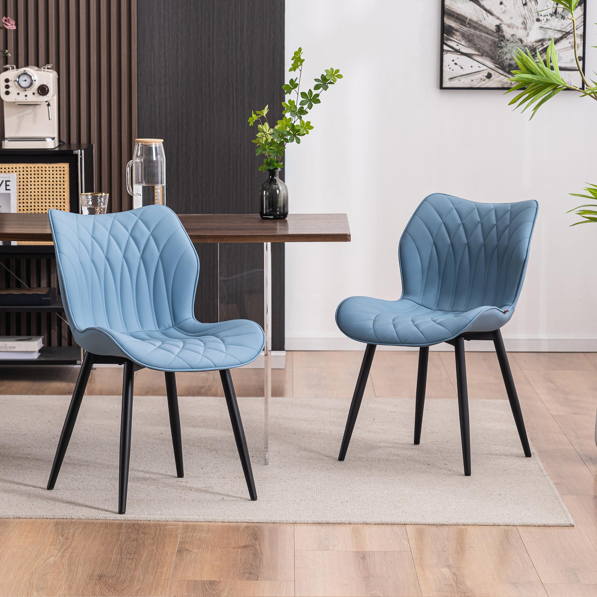 YOUNIKE Dining Chairs Set of 2 Upholstered Faux Leather Kitchen Dining Room Chairs, Mid Century Modern Living Room Bedroom Side Chairs with Wide Wing Back and Adjustable Metal Legs, Blue