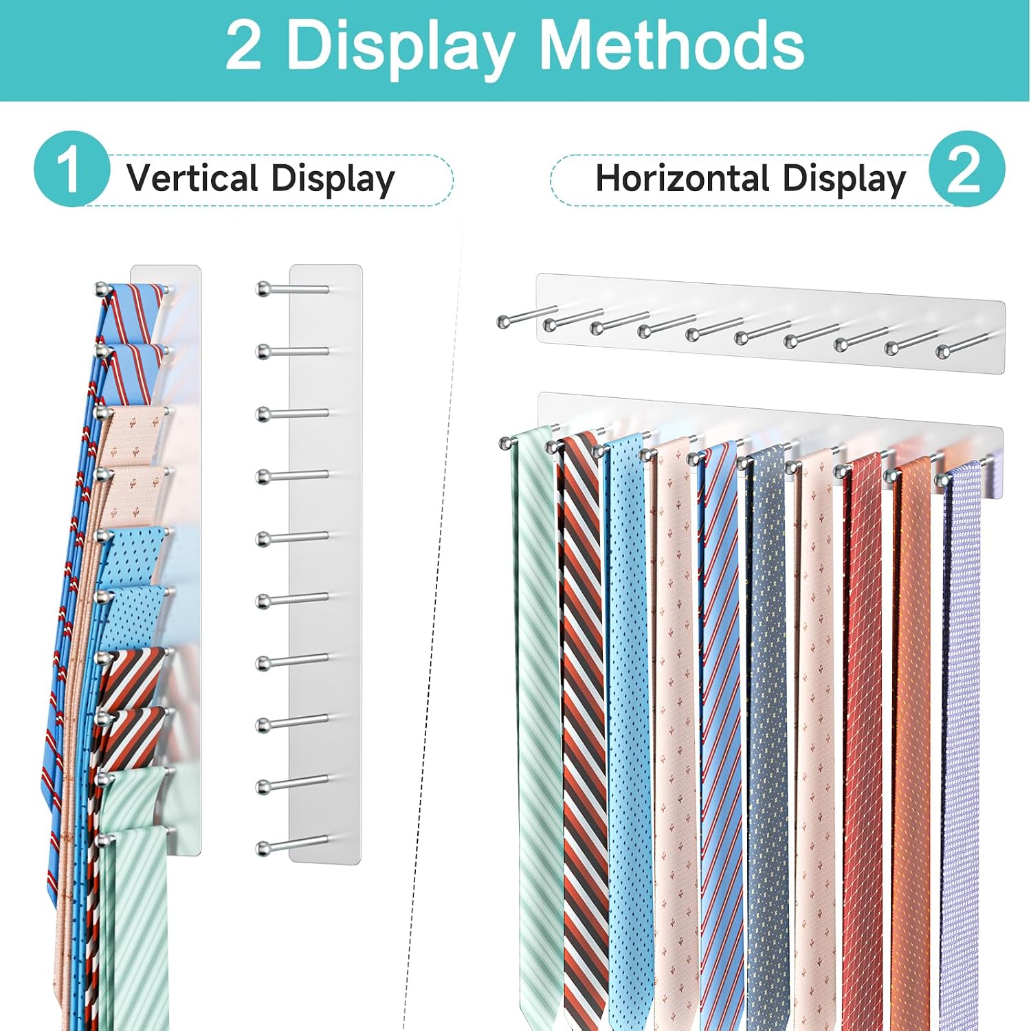 Tie Rack Wall Mounted, Tie Holder Organizer, Closet Ties Organizer Stainless Steels, Adhesive Ties Racks for Men With 20 Hooks, Hanger Storage for Wall Bedroom Living Room Dresser Room (Sliver)