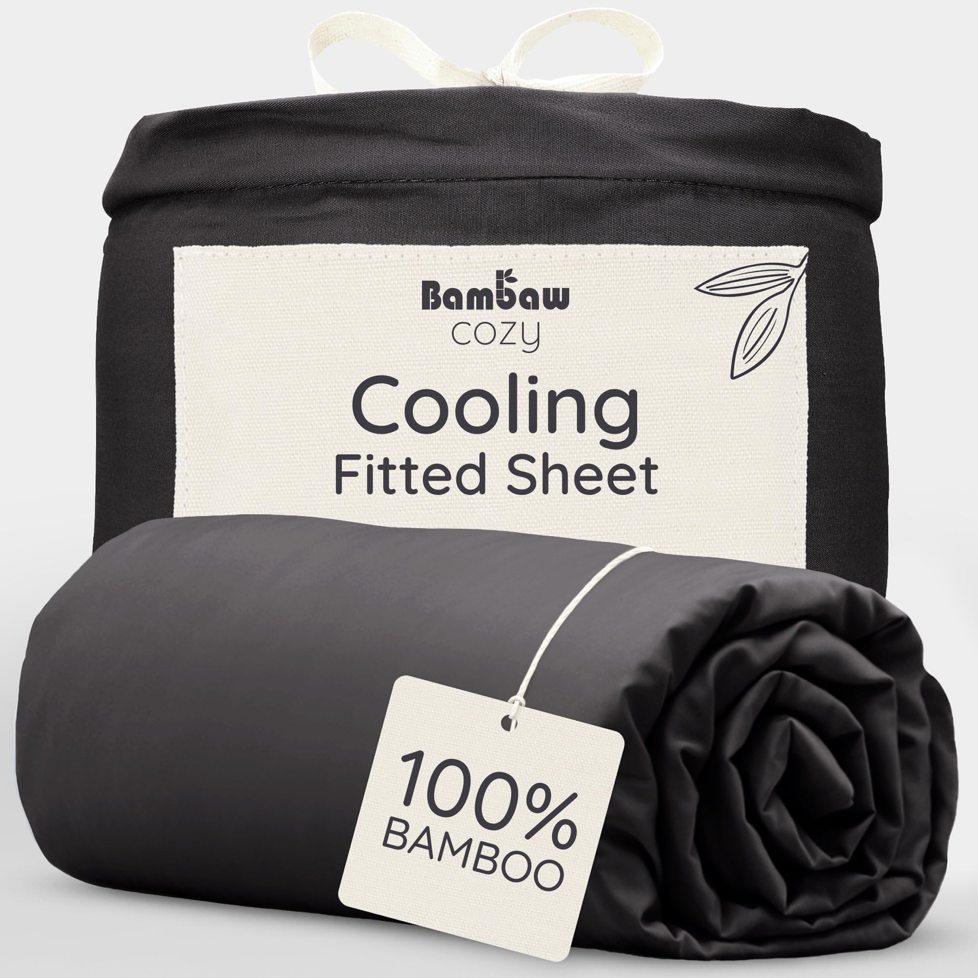 Bambaw Bamboo Fitted Sheet 160x200 cm, Deep Pocket 35cm, Anti Dust Mite Bedding, Bedsheet Bamboo Fibre, Allergy Friendly Cooling Sheets for Night Sweats, Super Soft Bedding Sheets 160x200 cm (Black)