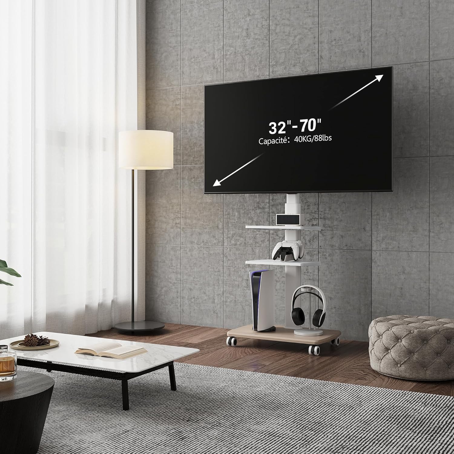 FITUEYES Support TV roulettes avec Pied en Bois pour TV de 32 à 70 Pouces,Support TV sur Pied 6 Réglables en Hauteur Pivotant 60° jusqu'à 40 KG- Max VESA 600X400 MM-Gestion des câbles