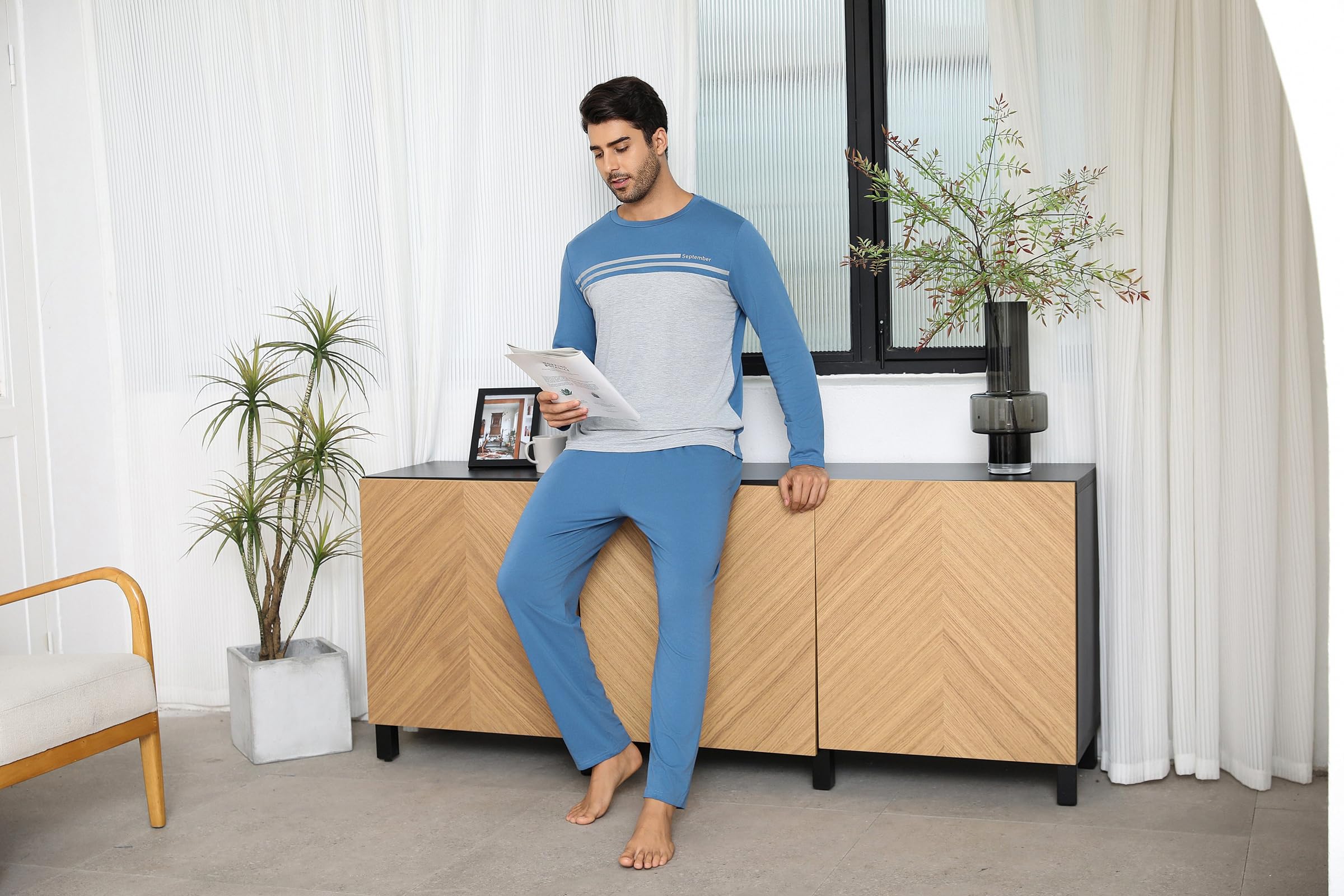 Pijamas Hombre Invierno Conjuntos de Algodón Pijama Cálidos Manga Larga Ropa de Dormir Cuello Redondo Ropa de Salón Dos Piezas