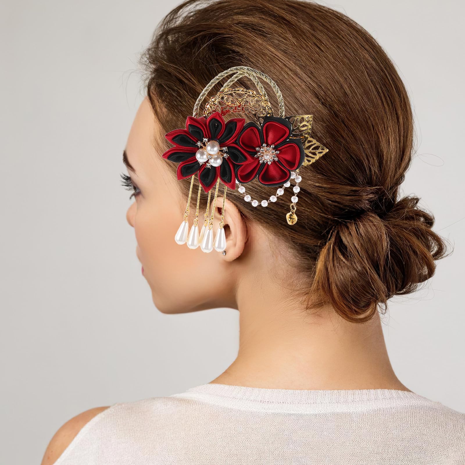 SEWACC 4 Piezas Pinza Pelo Estilo Hanfu Diseño Floral Elegante, Material Cómodo de Metal y Tela, Accesorio Versátil para Vestuario Tradicional Asiático