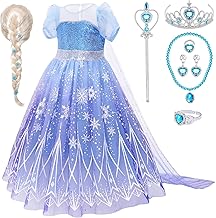 Frozen Girl's Costume with Elsa Wig Crown Necklace Bracelet Dress Frozen Princess Elsa Costume for Girls 3 4 5 6 7 8 9 10 Years Birthday Christmas Halloween Carnival (130)