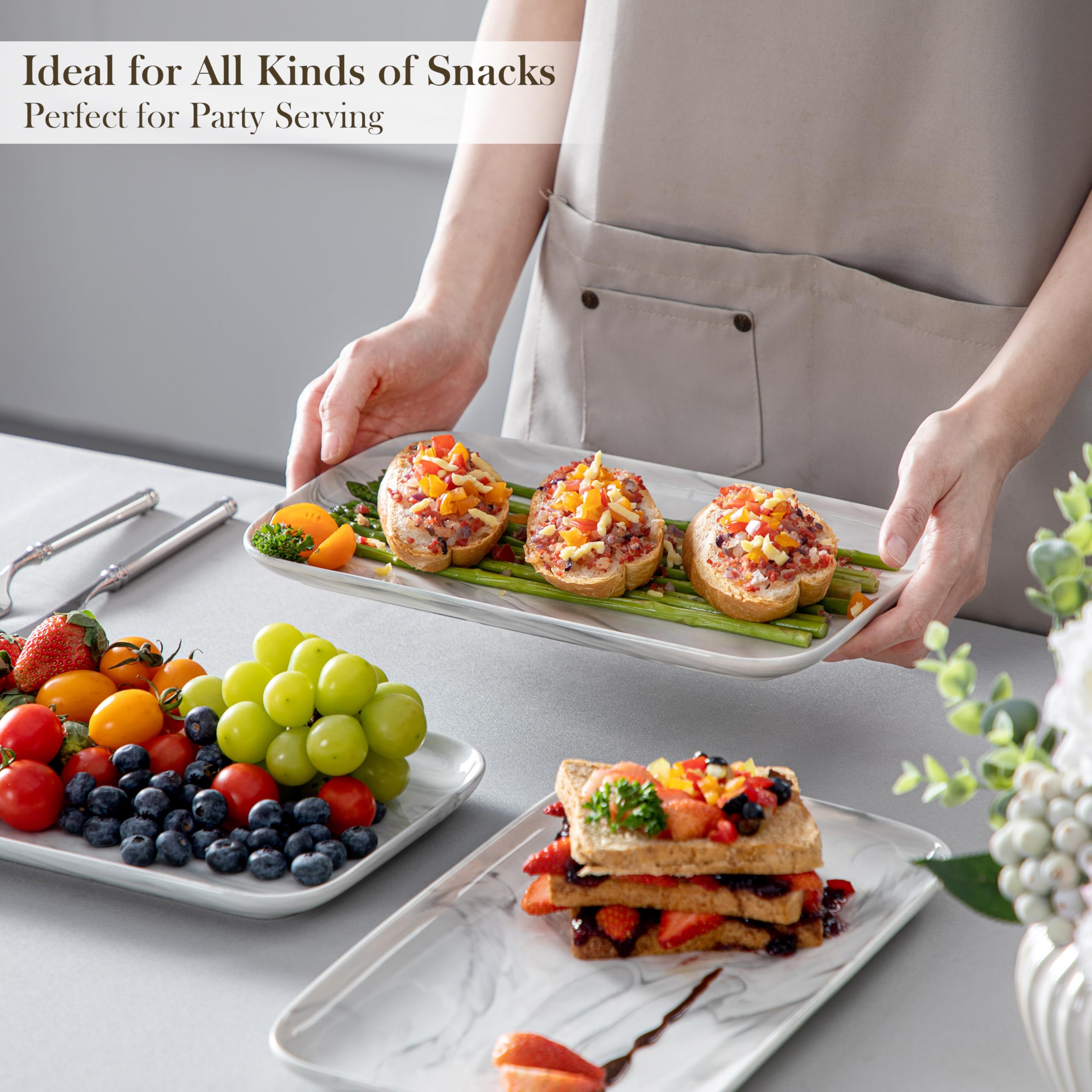 MALACASA Assiettes Rectangulaires en Porcelaine, 4 Grandes Assiettes Plates Marbre pour Repas Dîner Salon, Plats et Plateaux de Service en Céramique pour Dessert Sushis 30 x 18cm, Série PLAT