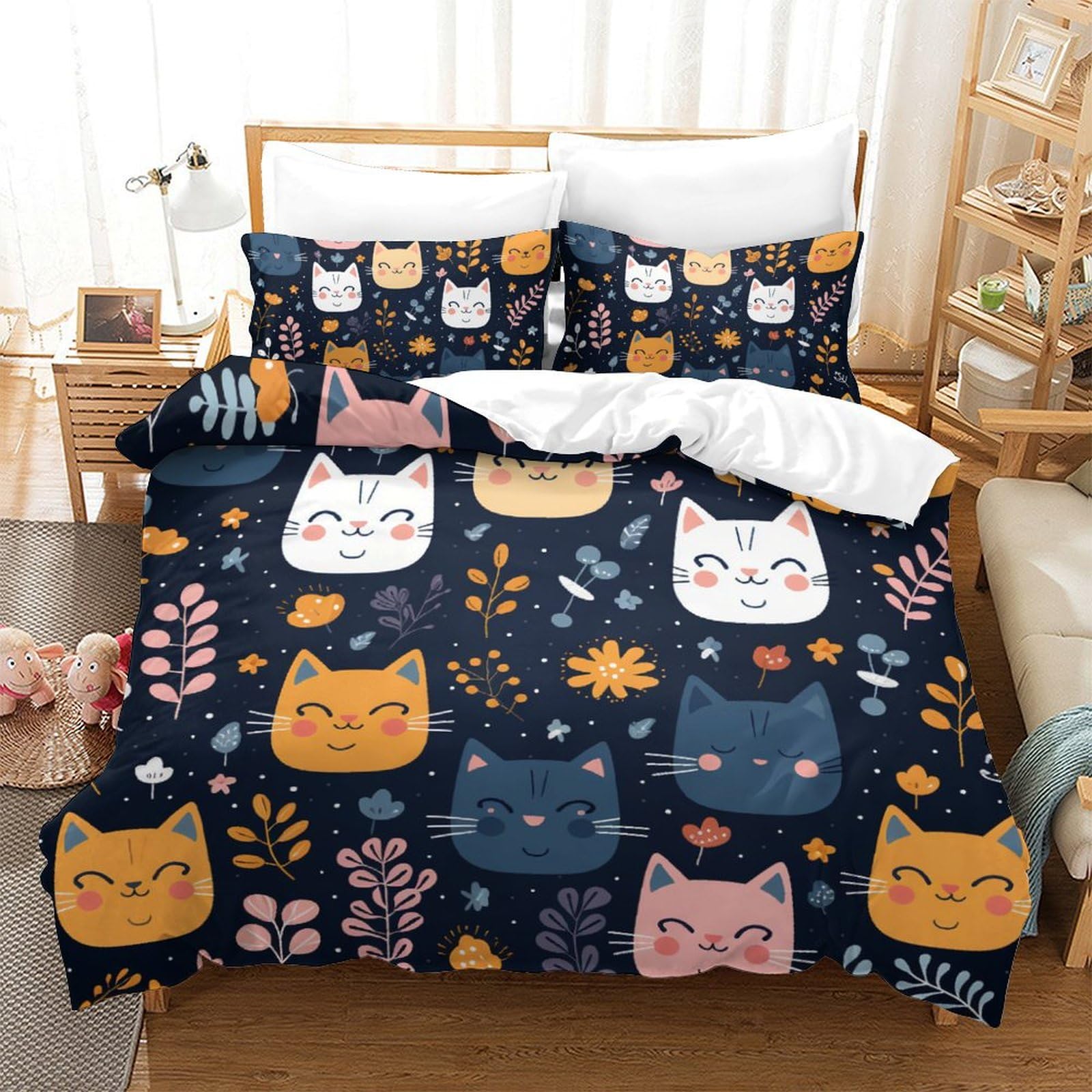 Housse de couette chat 200x200 cm avec 2 taies d'oreiller en microfibre pour lit enfant