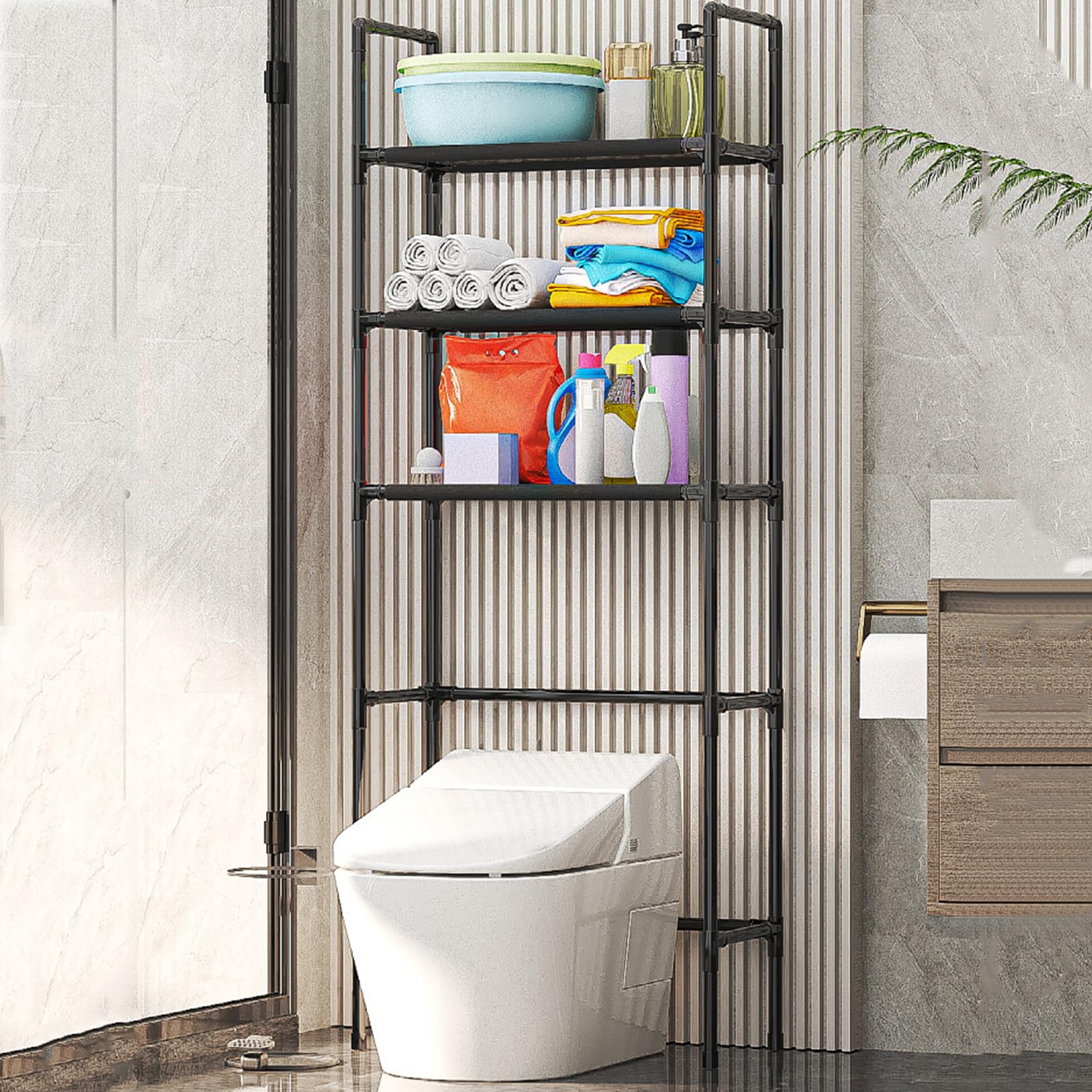 Toilettenregal Badezimmerregal Mit 3 Ablagen, Badregal WC Regal Über Waschmaschine Toilette, Platzsparendes Regal Für Badezimmer, Einfache Montage,Schwarz