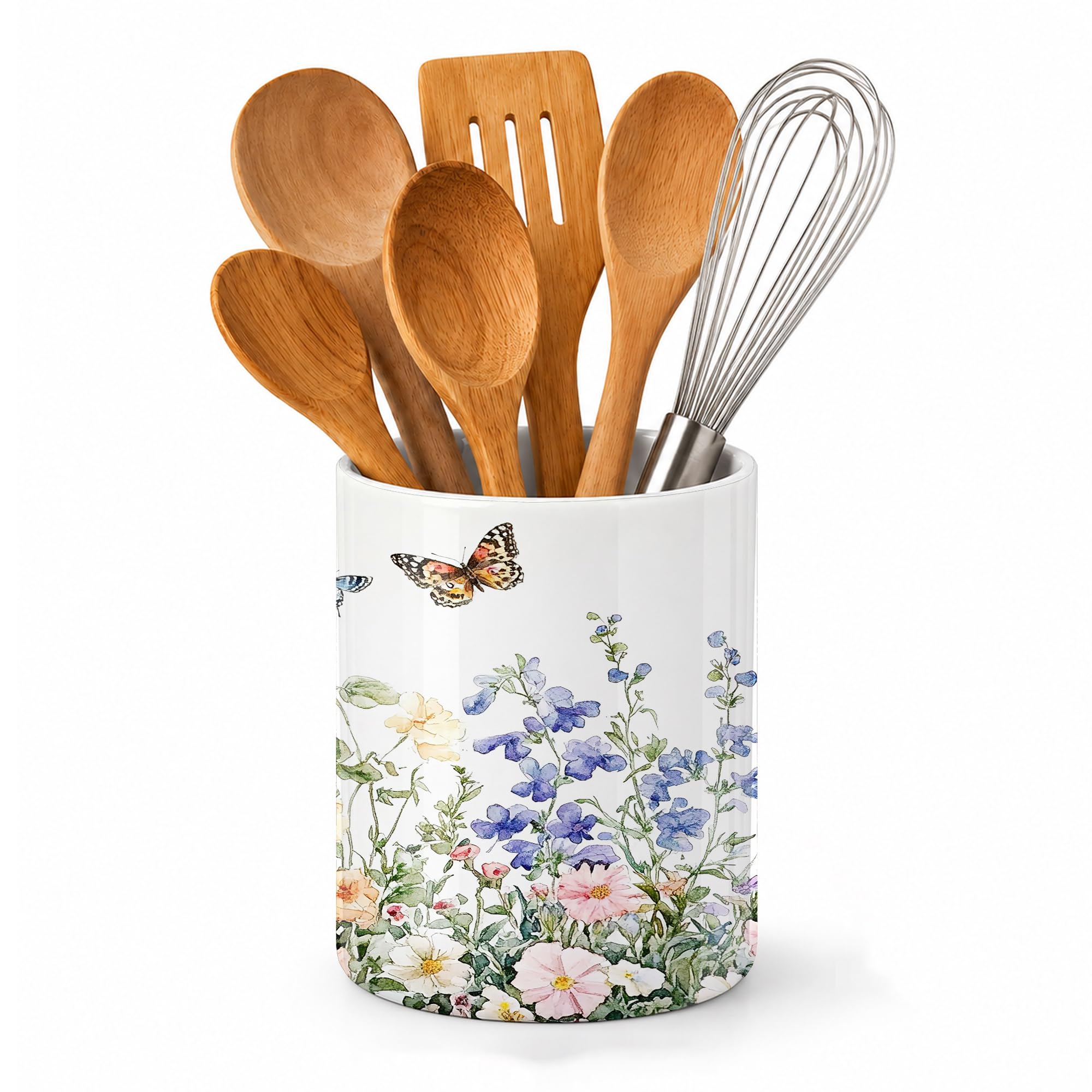 Axxitude Wildflowers Butterfly Wildflowers Kitchen Utensil Holder,Butterfly Large Ceramic Utensil Crock For Countertop,Cooking Utensil Organizer For Spatulas,Spoons