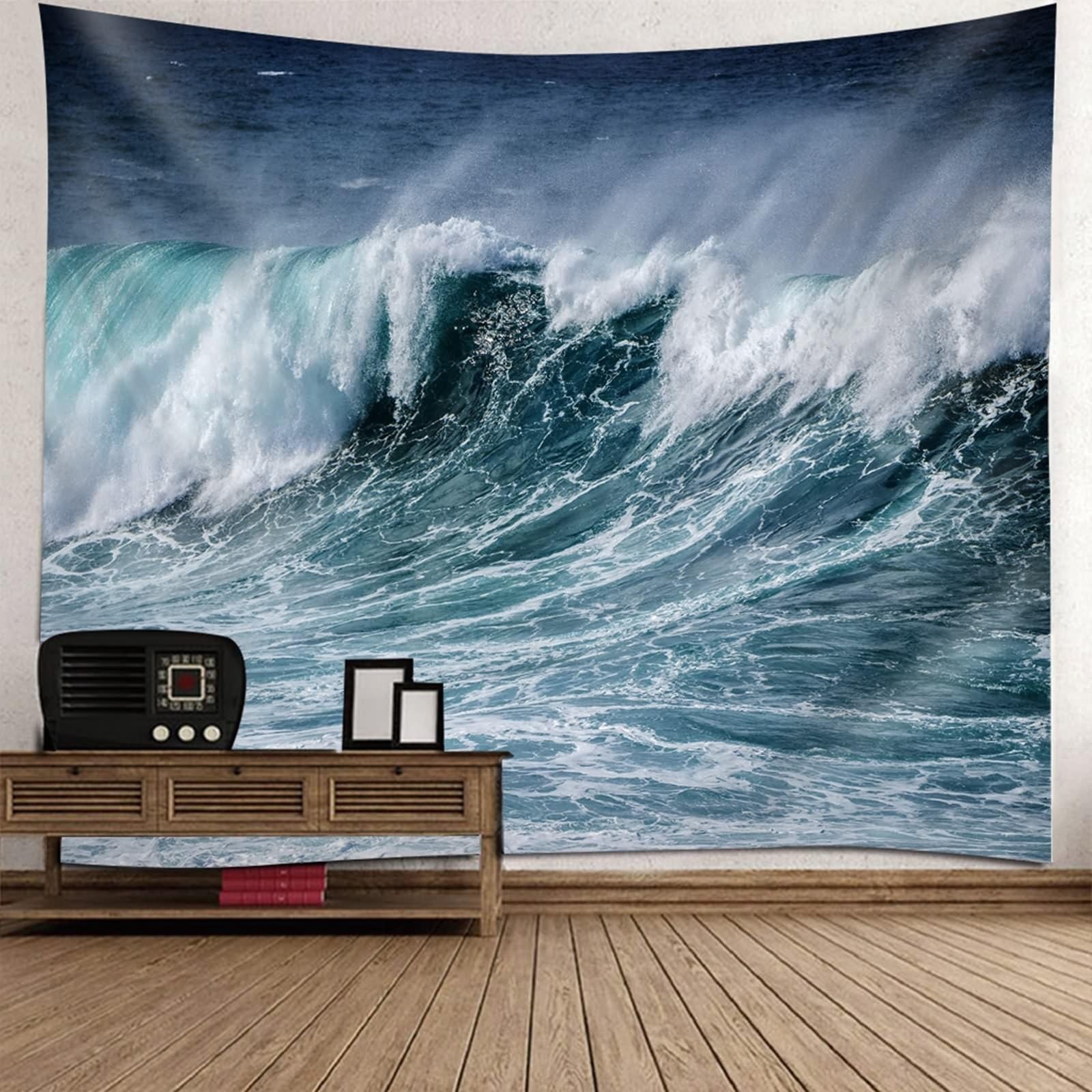 Tapiz gris tela de pared blanca XL Olas del océano Microfibras para el dormitorio, salón, oficina, apartamento, 300 x 256 cm (Ancho x Alto)