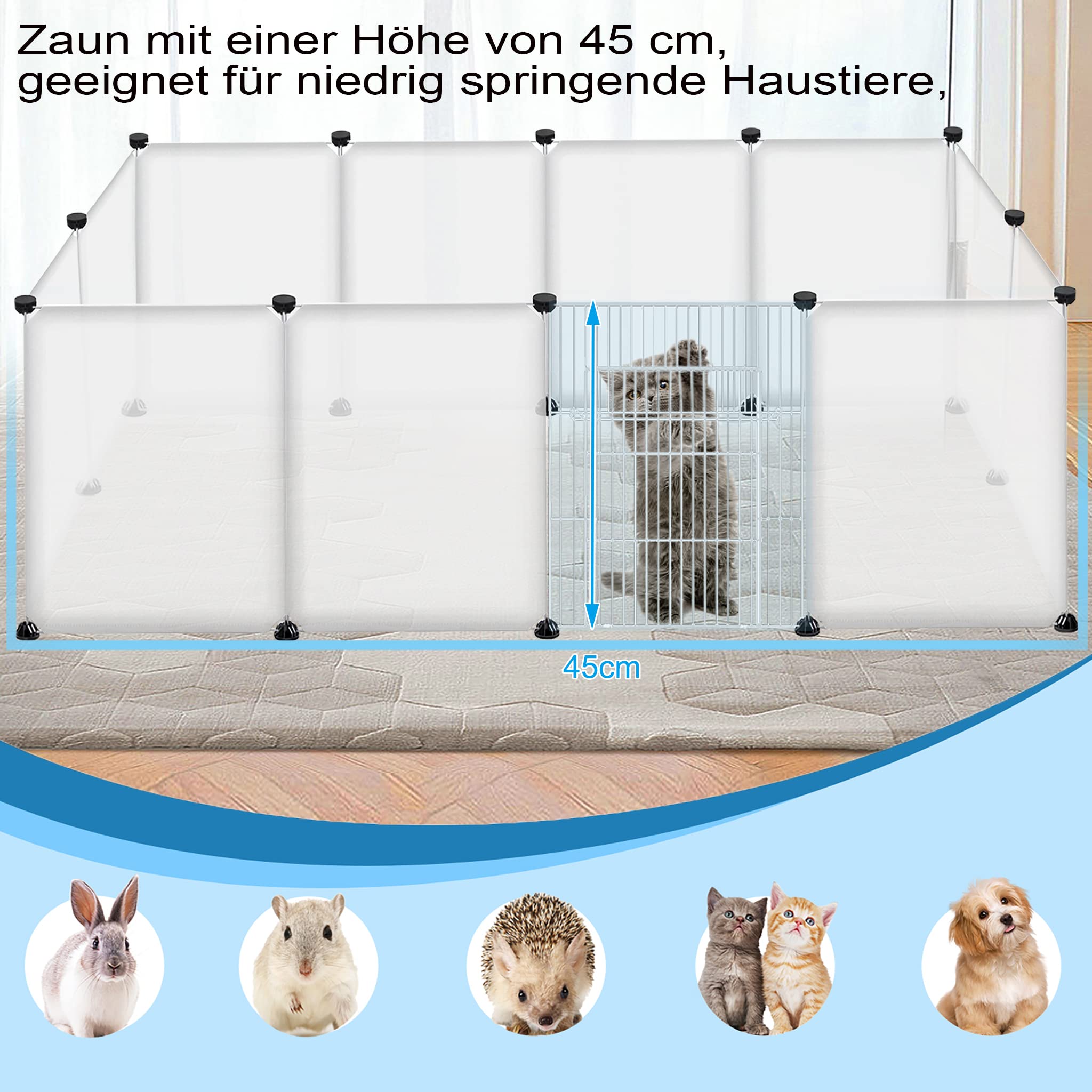Aufun Wybieg dla królików z drzwiczkami Klatki plastikowe DIY dla małych zwierząt Wybieg wewnętrzny, dla małych zwierząt, świnek morskich, chomików, 145x75x48cm, Biały