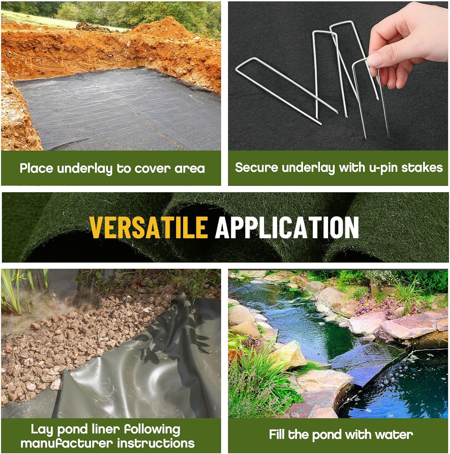 10 x 15 Feet Pond Liner Underlayment 6oz Black Non Woven Geotextile Underlayment Fabric with 10 U-pins for Outdoor Pond Streams Fountains Garden Waterfalls Fishpond Weed Barrier