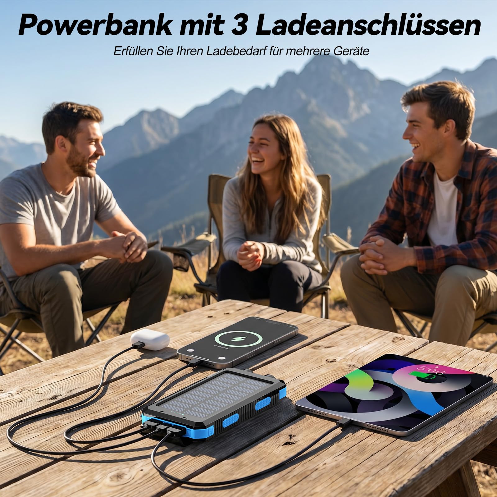 Vikeri Solar Powerbank 26800mAh, Powerbank Solar Wasserdichtes USB C Externer Akku mit 4 Outputs, Power Bank für Smartphones, Tablets und mehr (Blau)