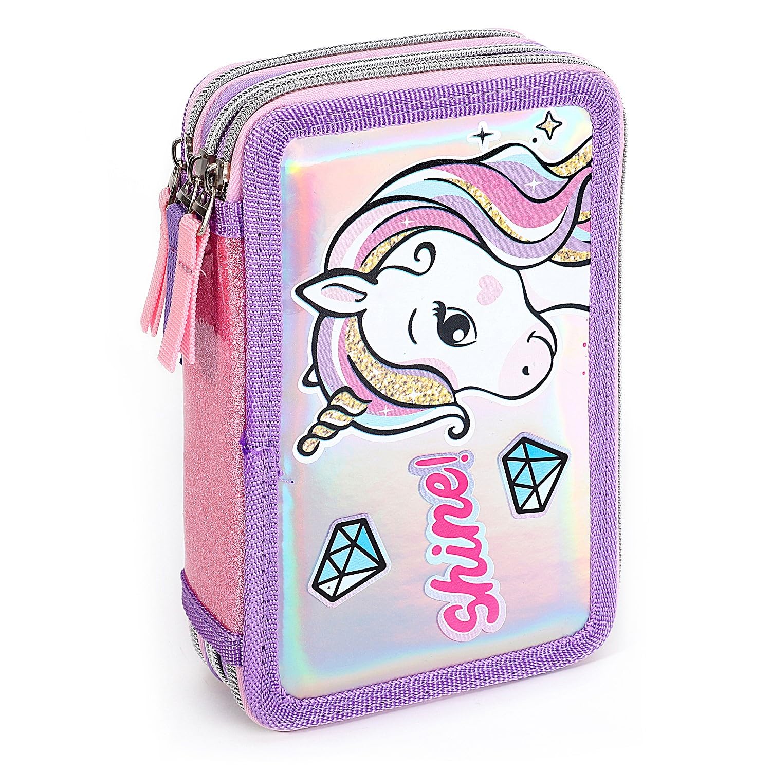 TDL Unicorn Shine Pencil Case 45 pcs Pre-Filled 3 Layers Kids Girls School Pouch with Multi Compartments