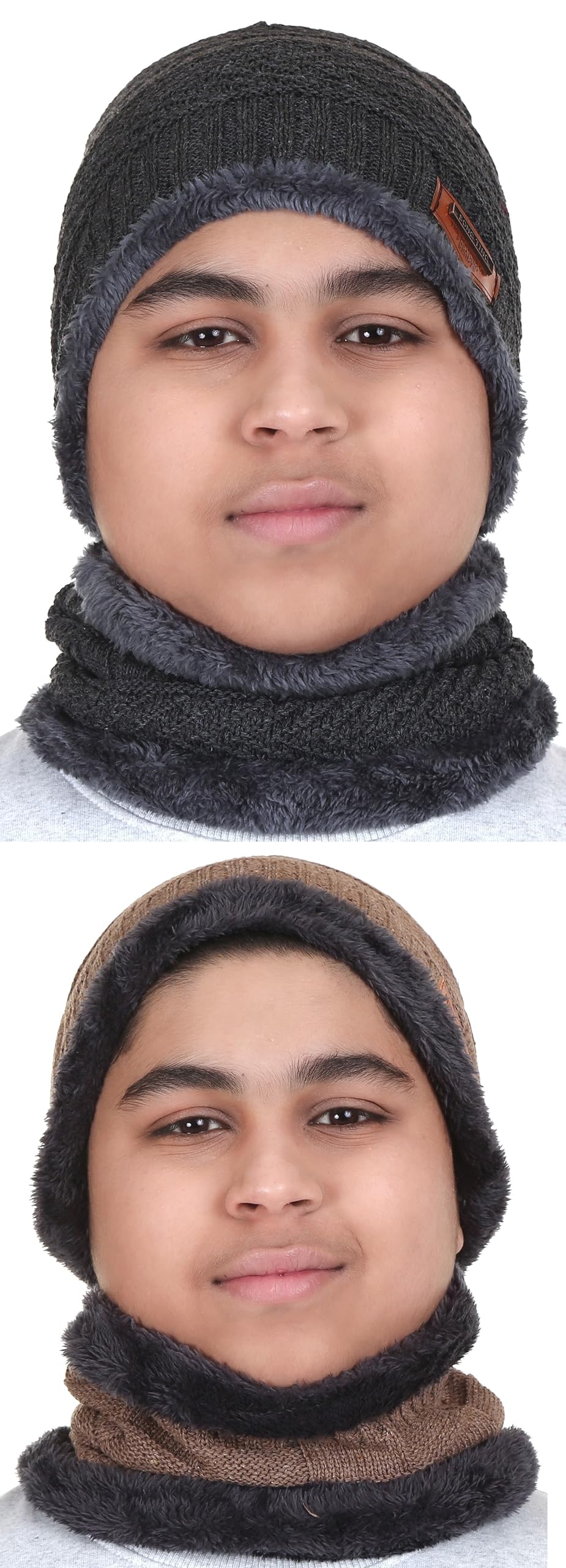 (Pack of 2 = 1 Grey Beanie Cap + 1 Beige Beanie Cap with Scarf Boys Winter Woolen Cold Grey + Beige Beanie Cap with Neck Warmer Scarf-image-2