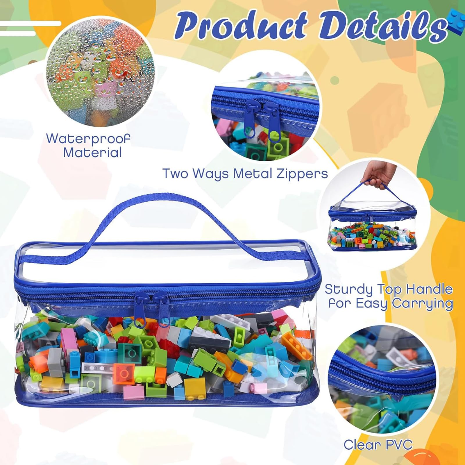 6 Pezzi Borse Portaoggetti in PVC per Giocattoli, 23x17x11 cm, Impermeabili con Manico e Doppia Cerniera, Piccola Borsa Portaoggetti per Giocattoli​ per Blocchi e Puzzle