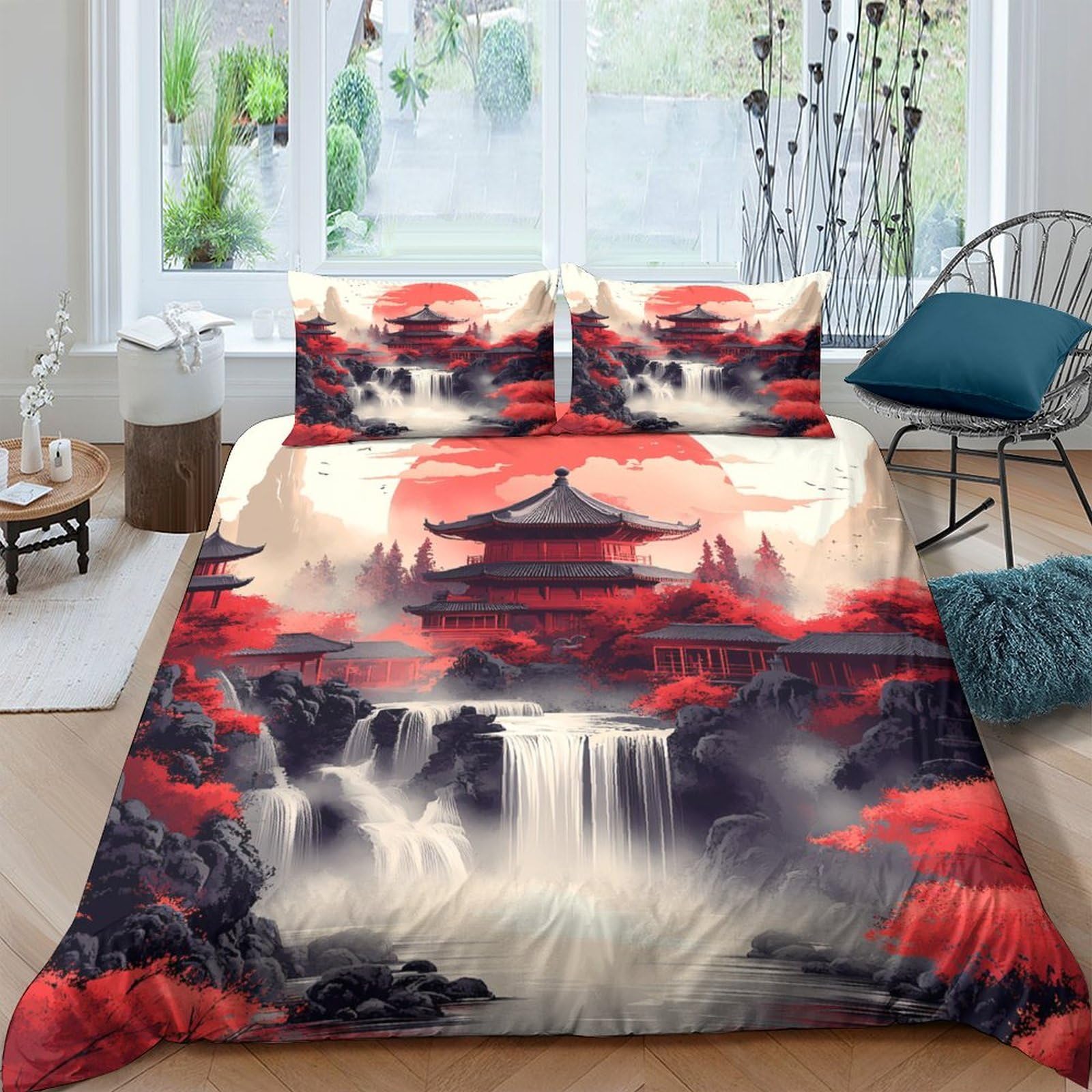 Ctjqhvkz Style-2 3D Printed Red Oriental Landscape Fitted Sheet Microfiber Soft Bed Cover For Bedroom Guest Room Decor Protection Single（135X200cm）
