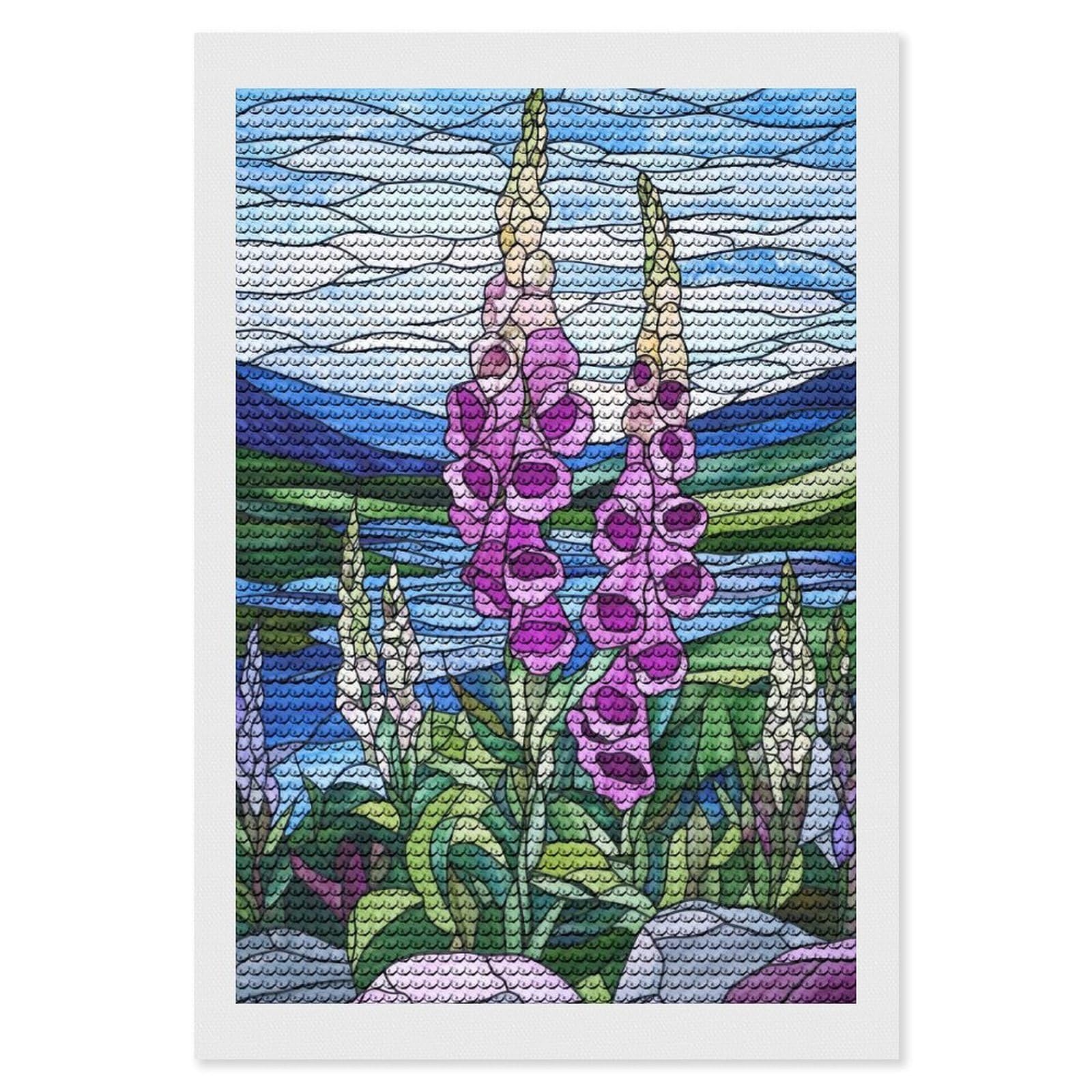 Junmoney Stained Glass Foxgloves Diamond Art Canvas 8"x12", for Adults, Good for Quiet Evenings, Bedroom Decor, Festive Craft Gift, Easy to Enjoy