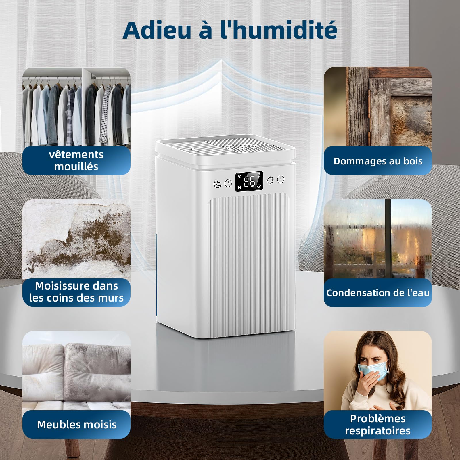 Deshumidificateur d‘air,Electrique Portable 2200ML Arrêt Automatique,déshumidification,Minuterie 2-12hEfficace,Silencieux,Résistance à La Moisissure,Lumière7 LED Couleur,Chambre,Bain