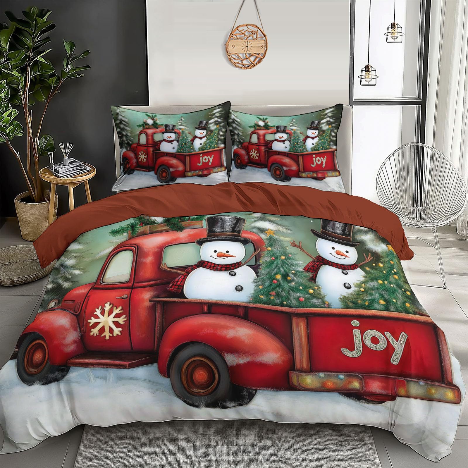 Housse de couette Noël enfant parure de lit 220x240cm bonhomme de neige 3 pièces