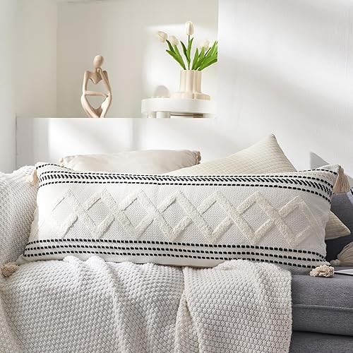 Miniatura 7 de Funda de almohada lumbar larga bohemia de 14 x 36 pulgadas, funda de almohada decorativa con borlas, funda de almohada corporal con textura bohemia