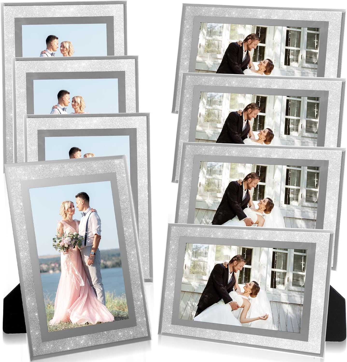 8 Pcs Silver Picture Frames 4x6 Bulk, Glitter Crystal Photo Picture Frame for Tabletop Display Wedding Birthday Mothers Day Gifts, Mirrored Edge, Horizontally or Vertically
