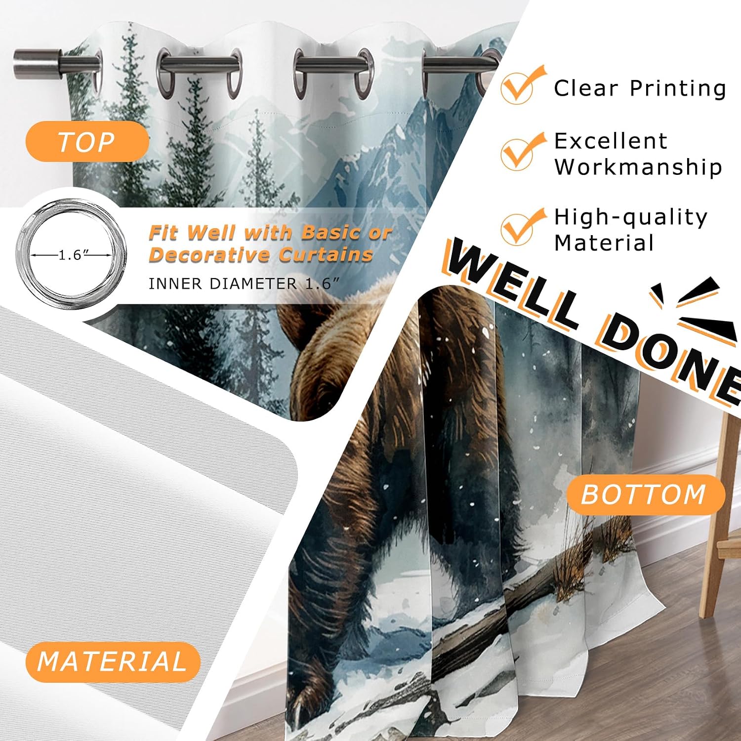 Bear Curtains 63 Inch Length - Wildlife Cabin Animal Grizzly Patterned Blackout Curtains for Living Room Bedroom, Room Darkening Grommet Drapes Window Treatments, 2 Panel Set
